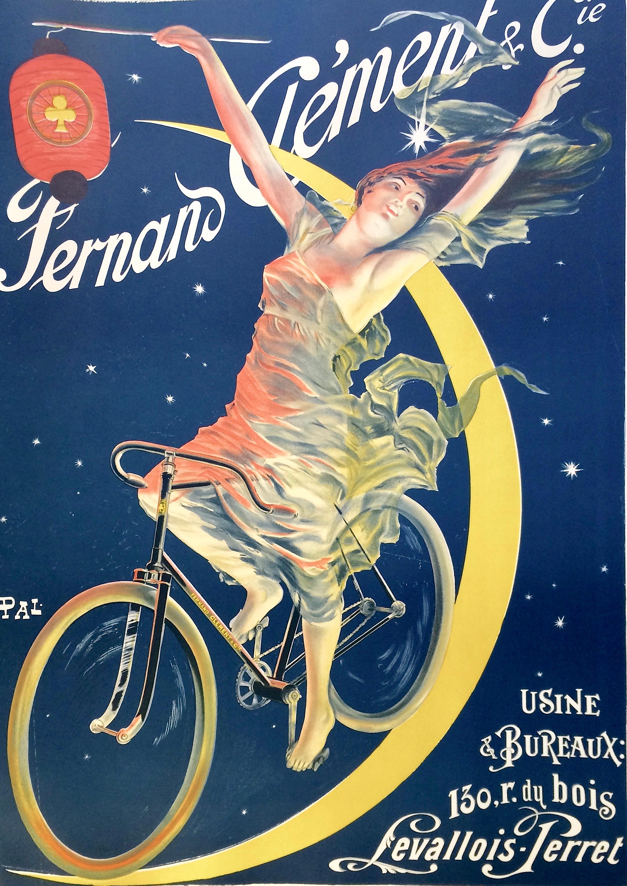 CLÉMENT CYCLES Litografia, donna in bicicletta, luna, arte pubblicitaria francese 52