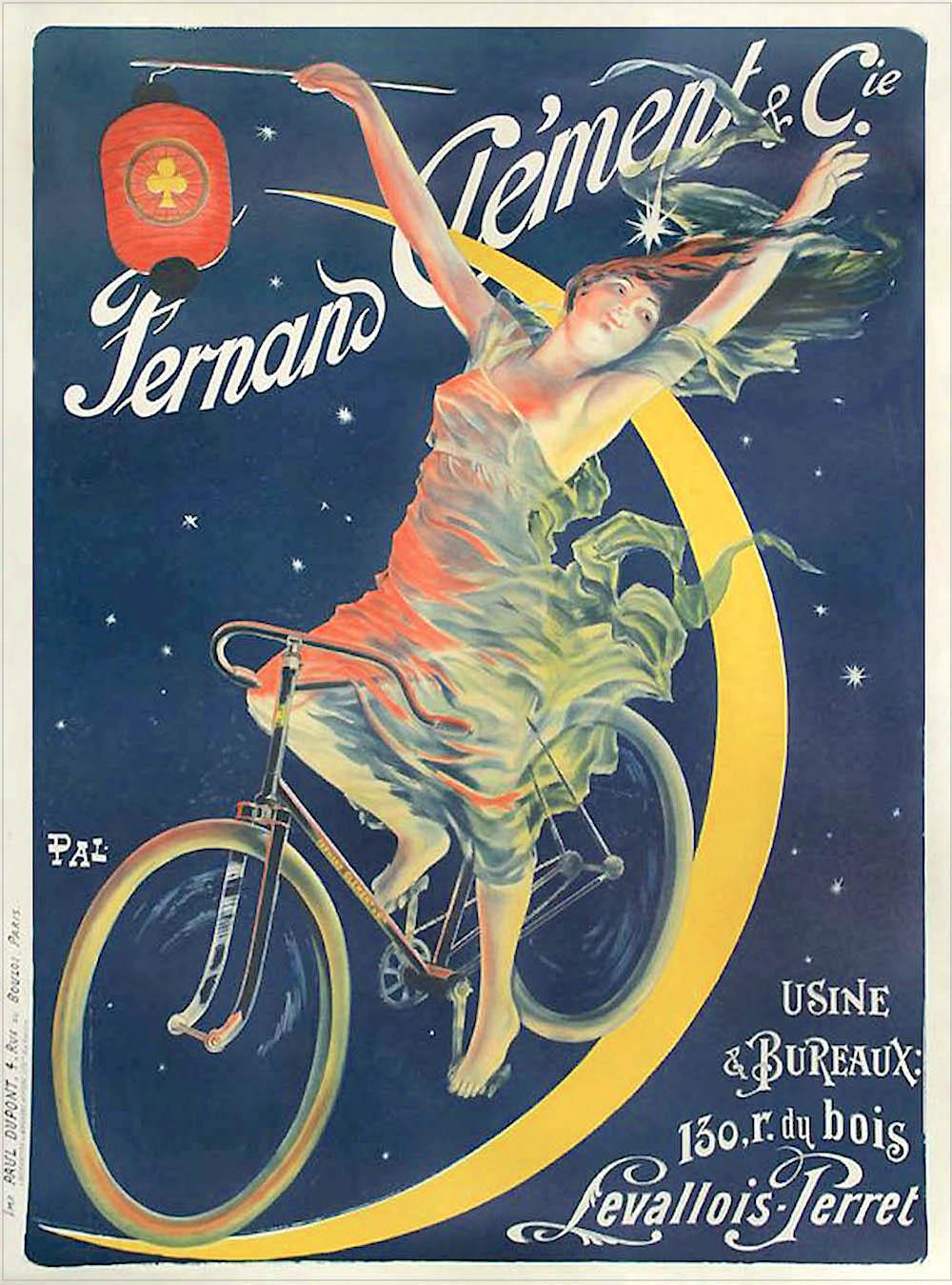 Pal (Jean de Paléologue) Figurative Print - CLÉMENT CYCLES Lithograph, Woman on Bicycle, Moon, French Advertising Art 52"