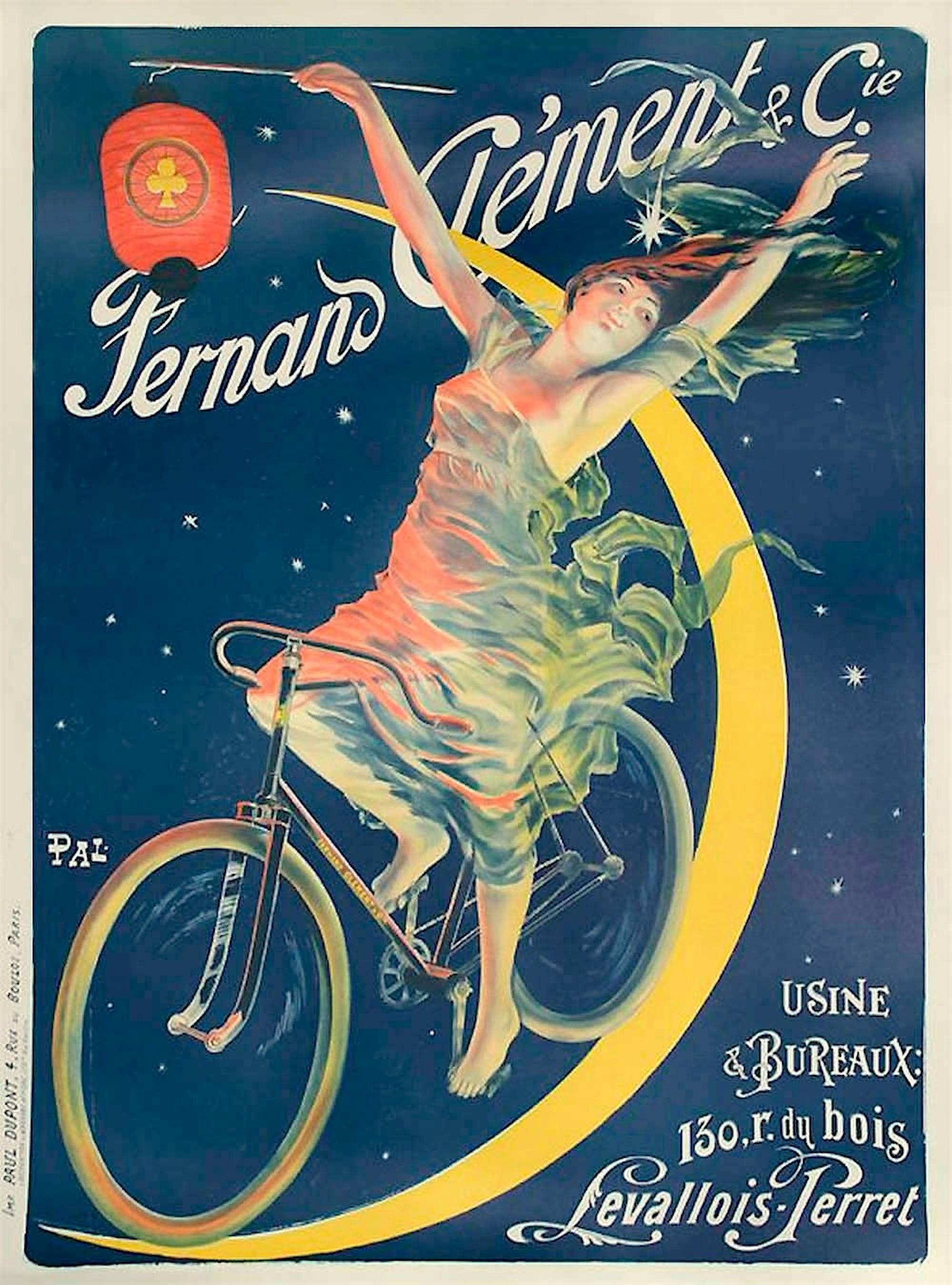 CLÉMENT CYCLES Lithograph, Woman on Bicycle, Moon, French Advertising Art 52"