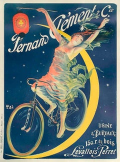 CLÉMENT CYCLES Litografia, donna in bicicletta, luna, arte pubblicitaria francese 52"