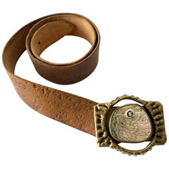 Pal Kepenyes Bronze Abalone Shell Belt Buckle on Hand Tooled Vintage Belt Strap
