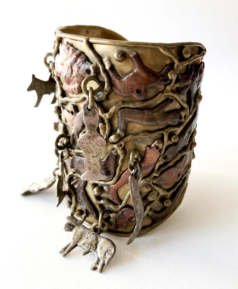 Artisan Pal Kepenyes Bronze Copper Silver Kinetic Milagros Miracles Charms Cuff Bracelet For Sale