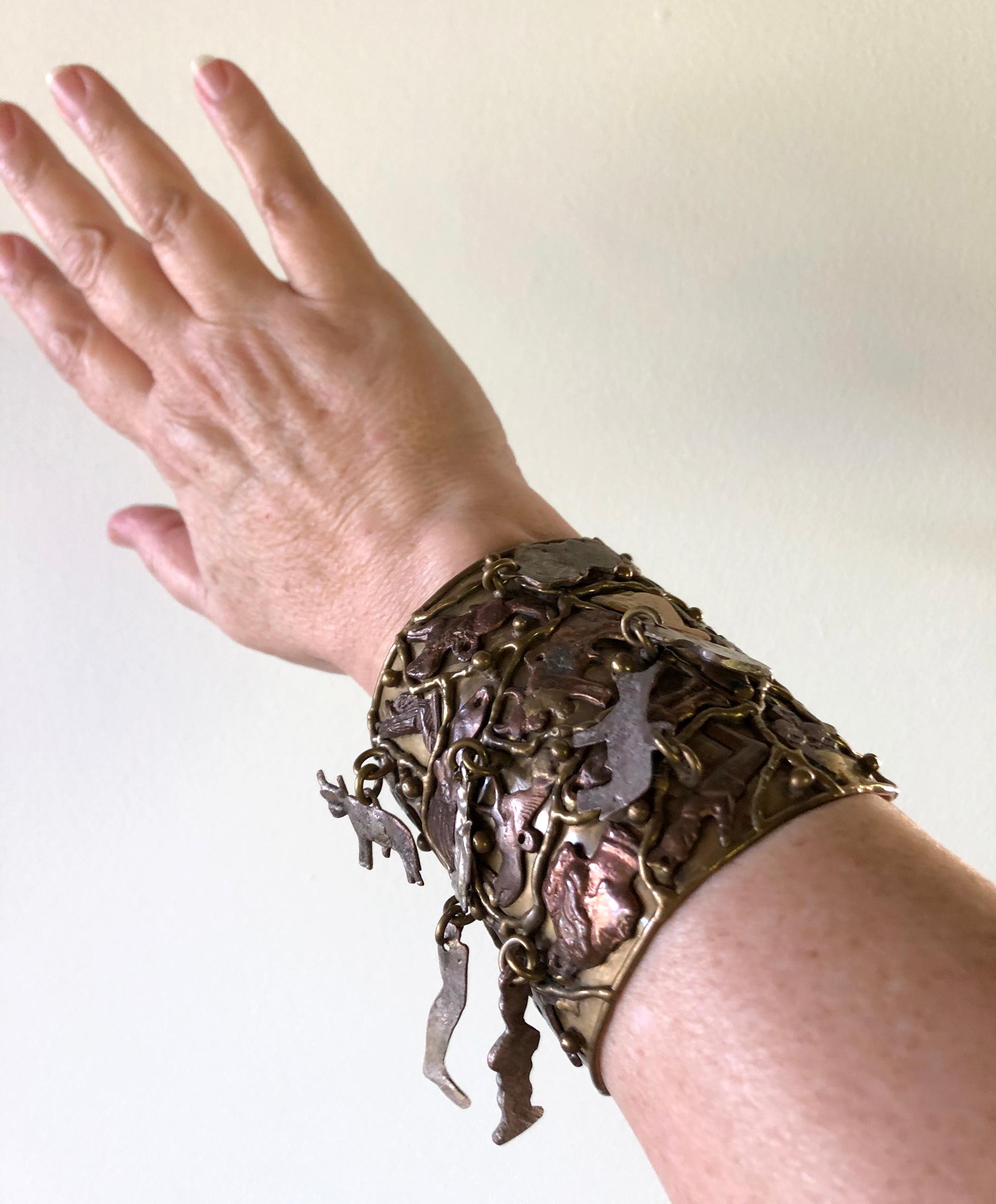 Pal Kepenyes Bronze Copper Silver Kinetic Milagros Miracles Charms Cuff Bracelet In Good Condition In Palm Springs, CA