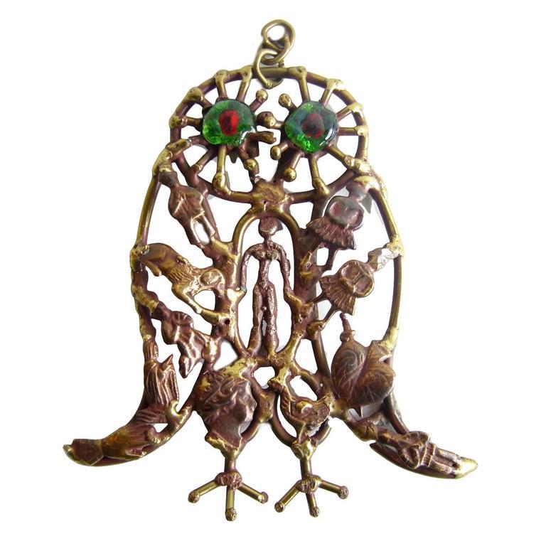 Pal Kepenyes Bronze Glass Milagro Owl Pendant Necklace In Good Condition In Palm Springs, CA
