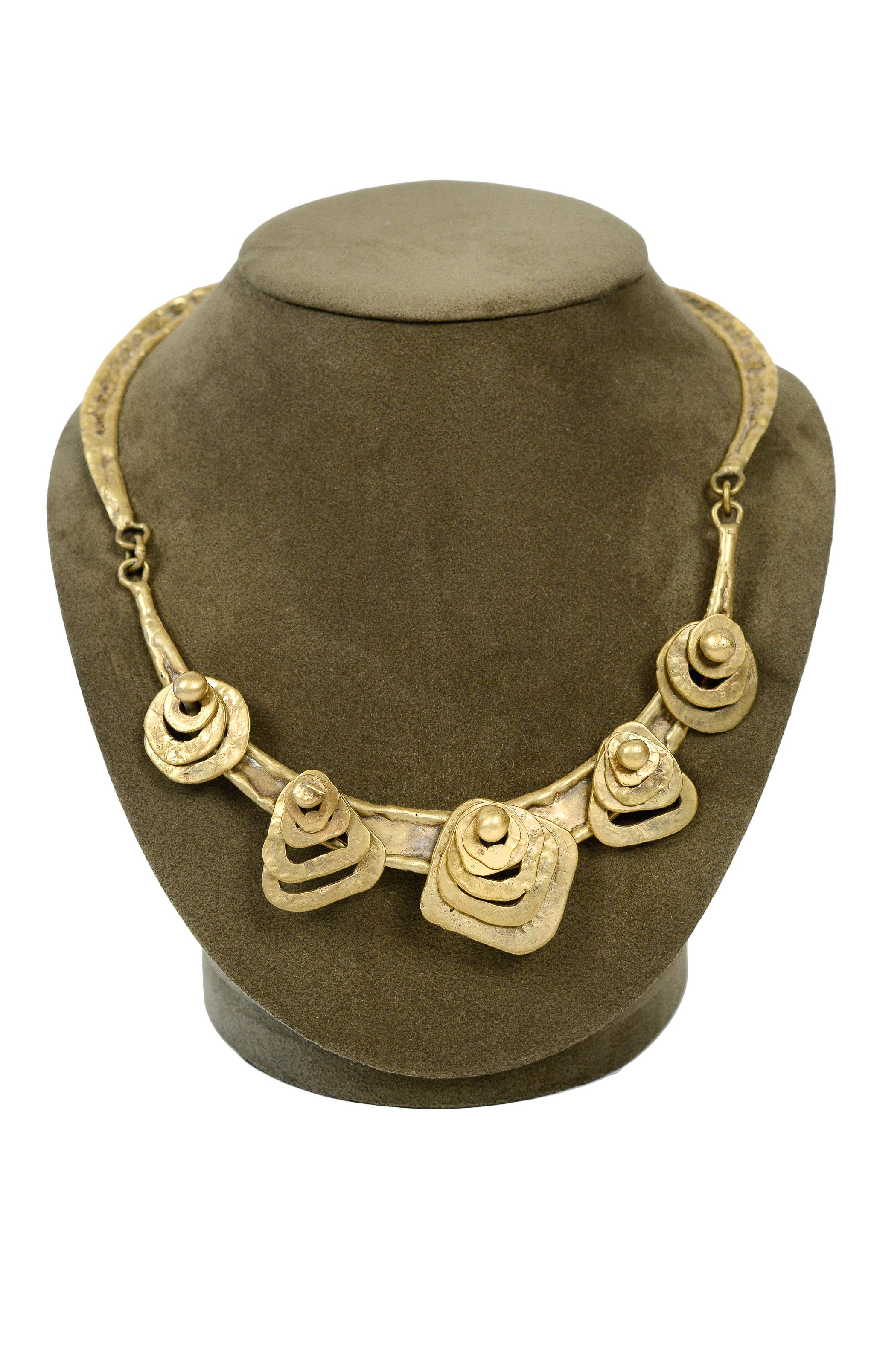 Resurrection Vintage is excited to offer a vintage Pal Kepenyes one-of-a-kind-  brutalist bronze geometric collar necklace. The necklace features irregular shaped stacked pieces of metal with metal ball fasteners, hammered collar, and handmade