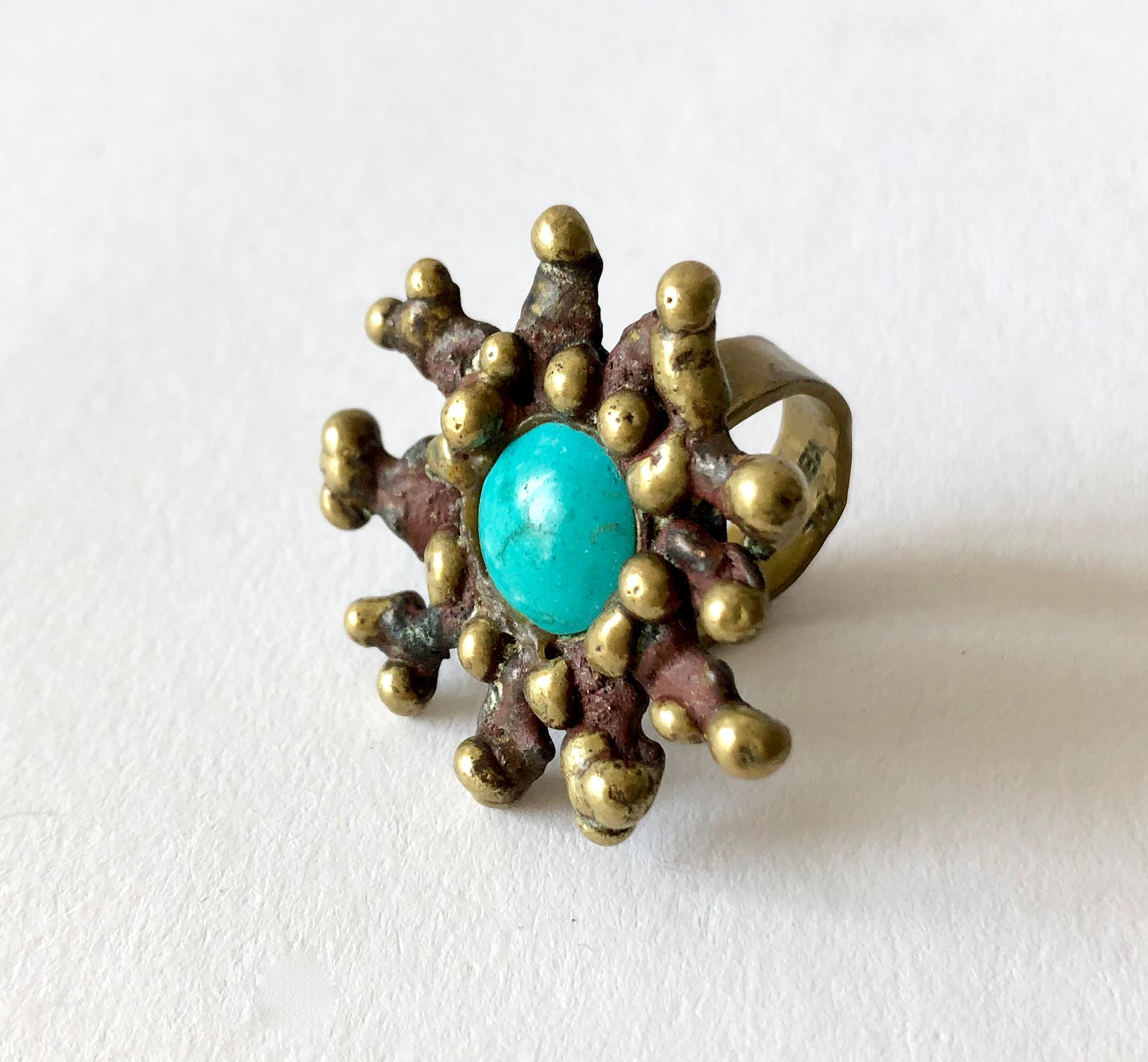 Pal Kepenyes bronze ring set with a turquoise stone, circa 1970's.  Ring is a finger size 5 and is signed Pal Kepenyes on the shank.  In very good vintage condition.  