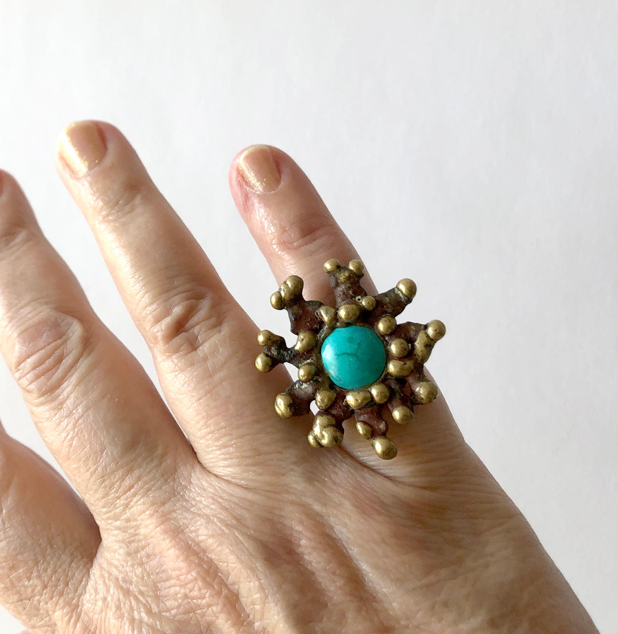 Artisan Pal Kepenyes Bronze Turquoise Mexican Modernist Ring