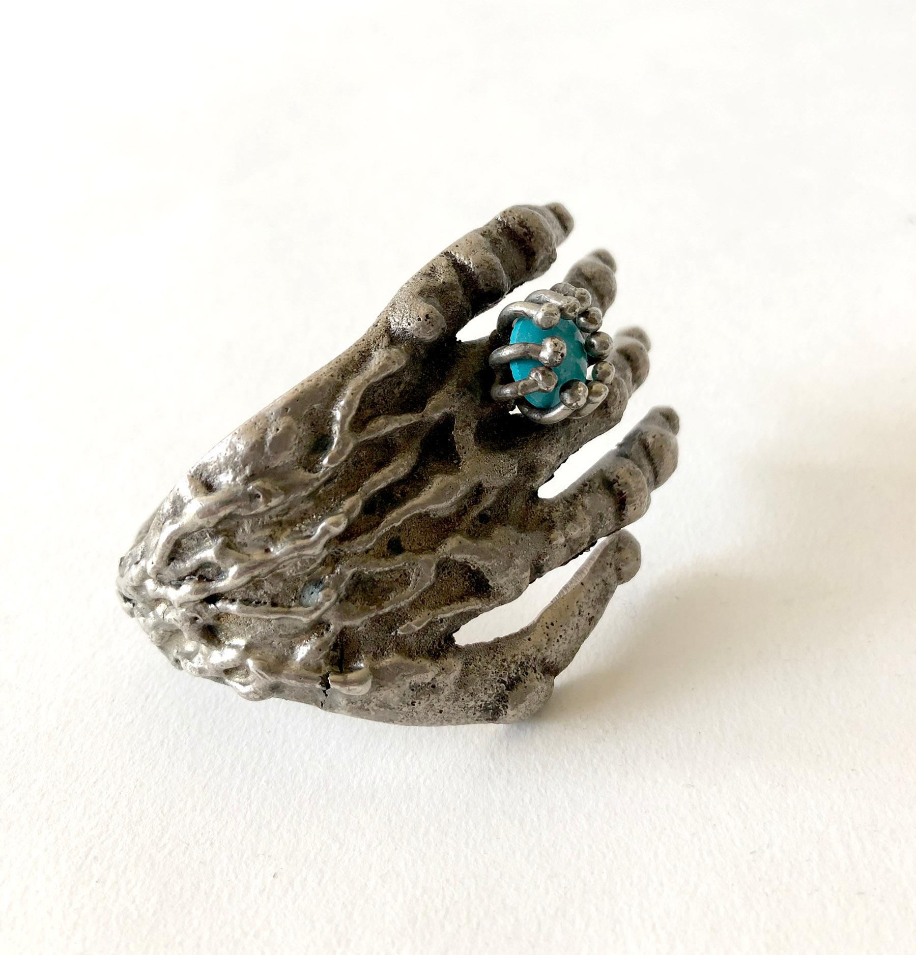 Artisan Pal Kepenyes Bronze Turquoise Mexican Surrealist Hand Cuff Bracelet