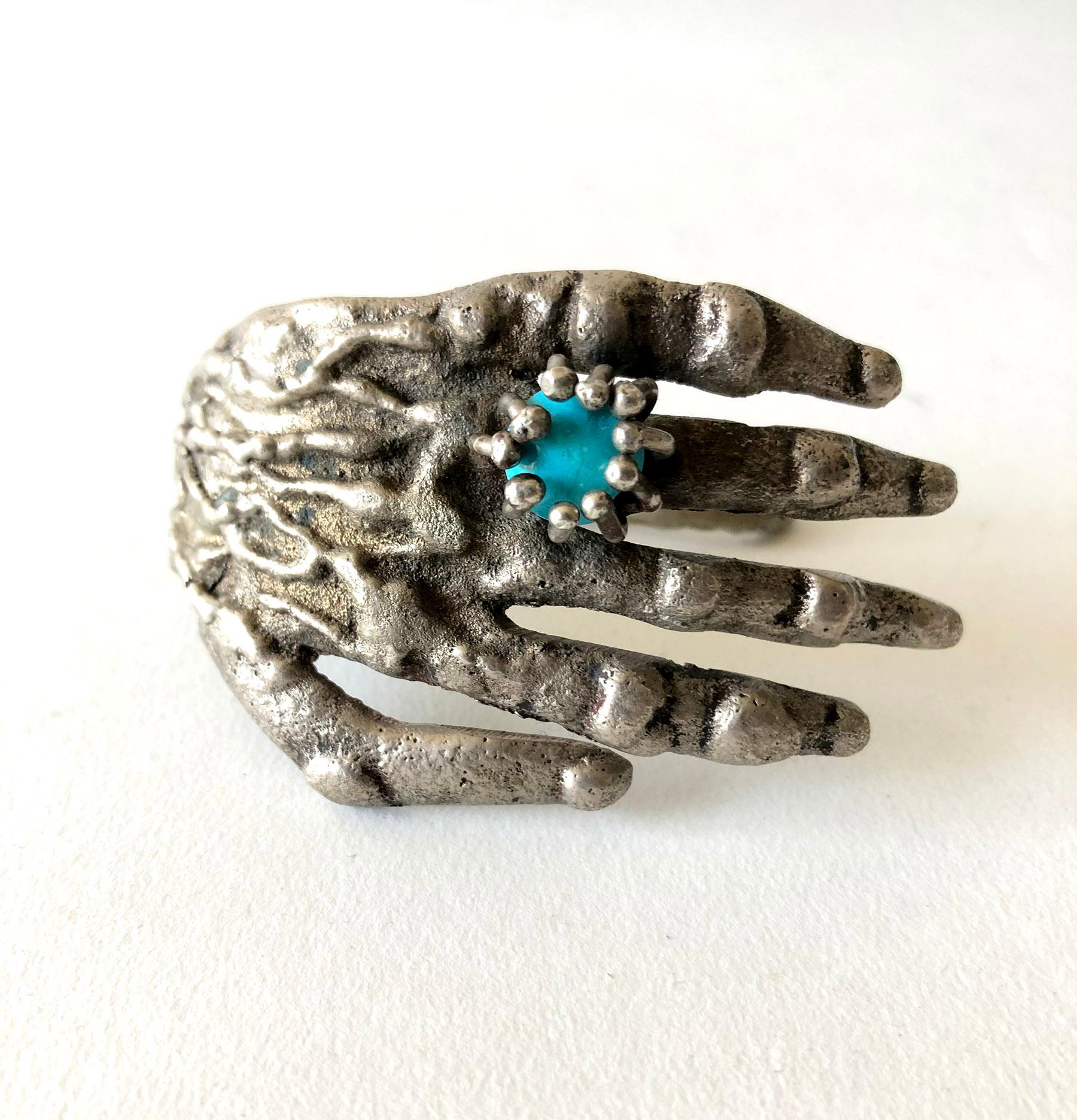 Pal Kepenyes Bronze Turquoise Mexican Surrealist Hand Cuff Bracelet In Good Condition In Palm Springs, CA