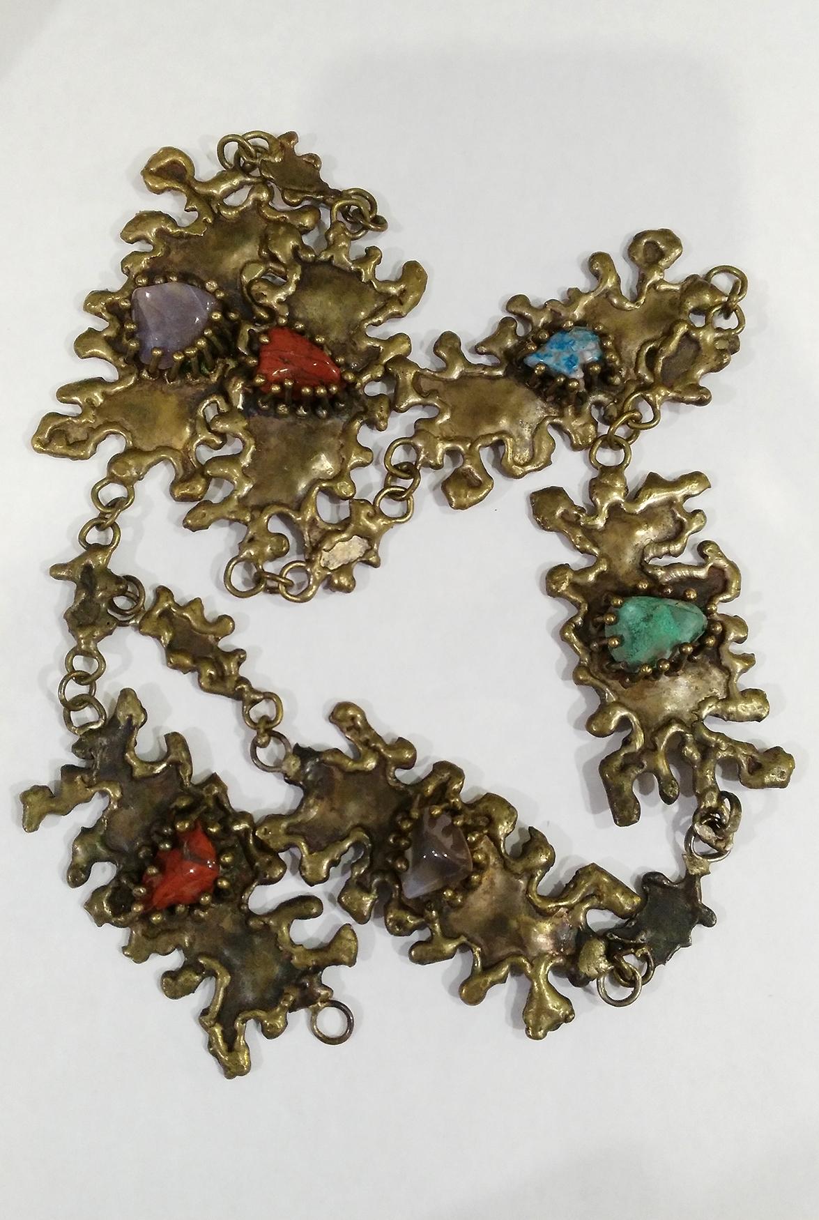 Mexican Pal Kepenyes Brutalist Bronze Necklace with Semiprecious Stones For Sale