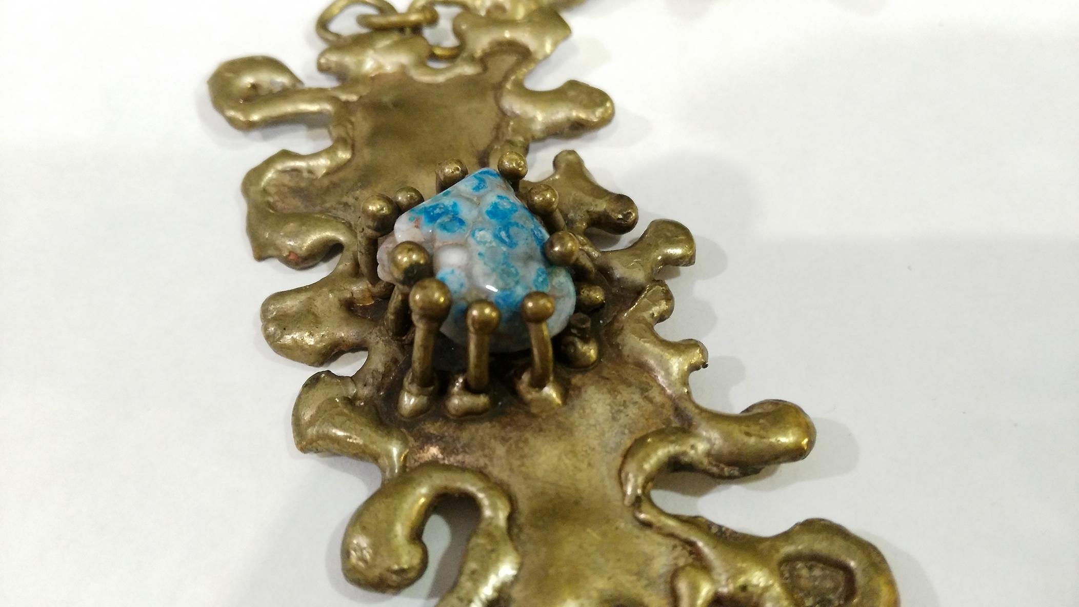 Pal Kepenyes Brutalistische Bronze-Halskette mit Halbedelsteinen (Mexikanisch) im Angebot