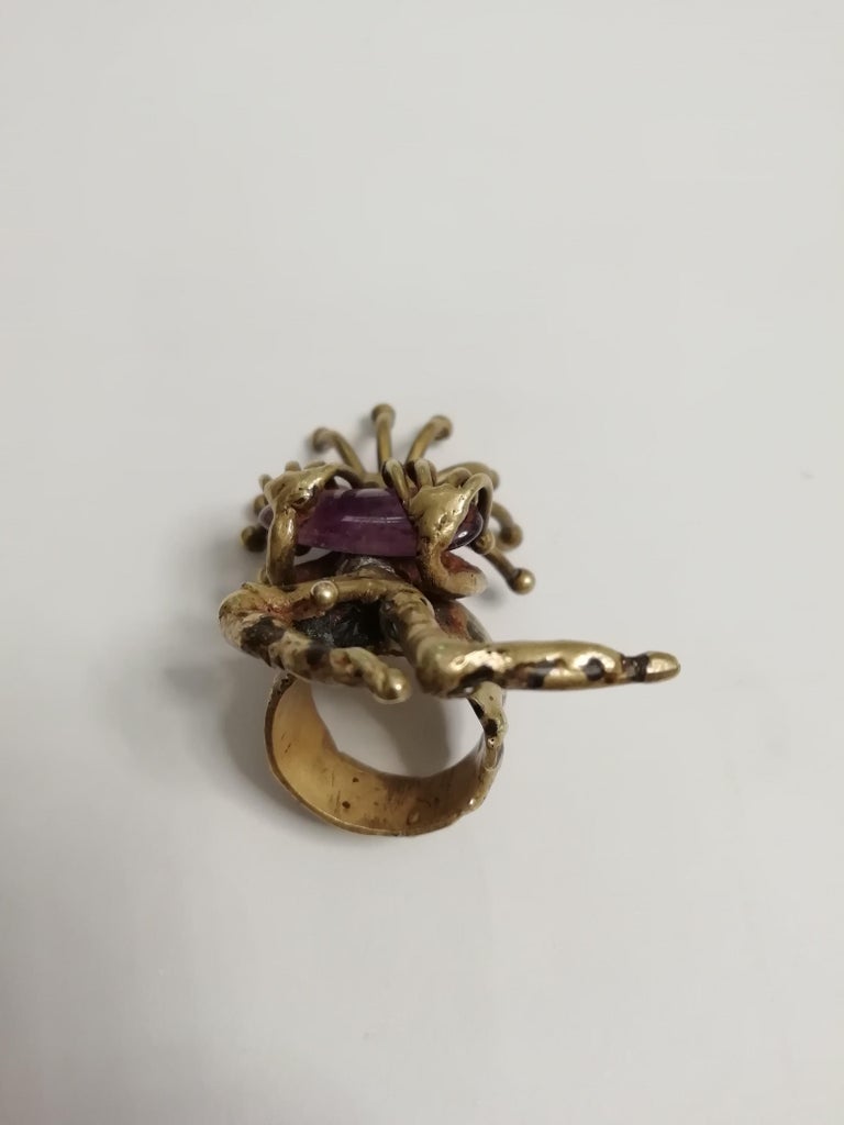 Late 20th Century Pal Kepenyes Brutalist Bronze and Amethyst Ring For Sale
