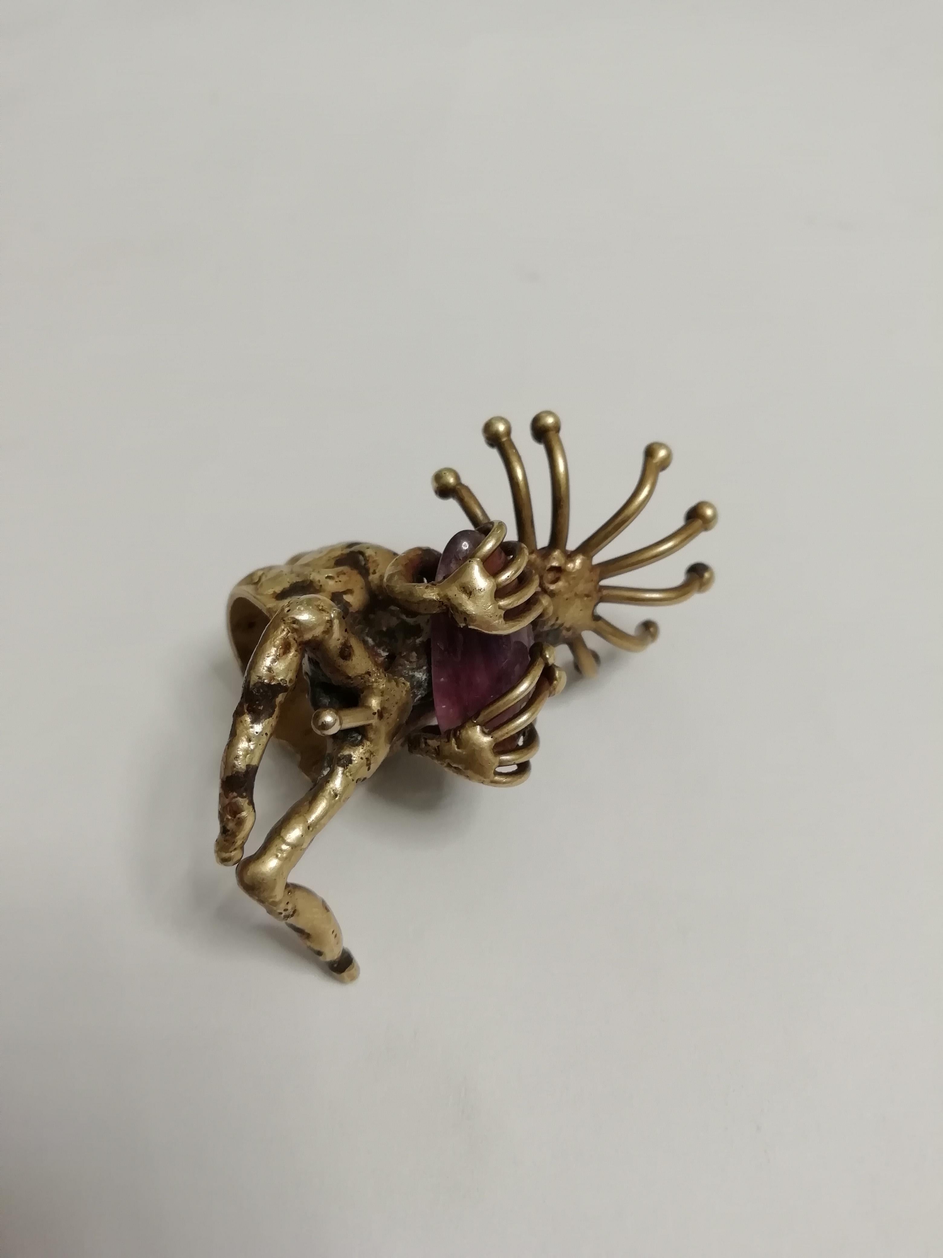 Pal Kepenyes Brutalist Bronze and Amethyst Ring For Sale 1