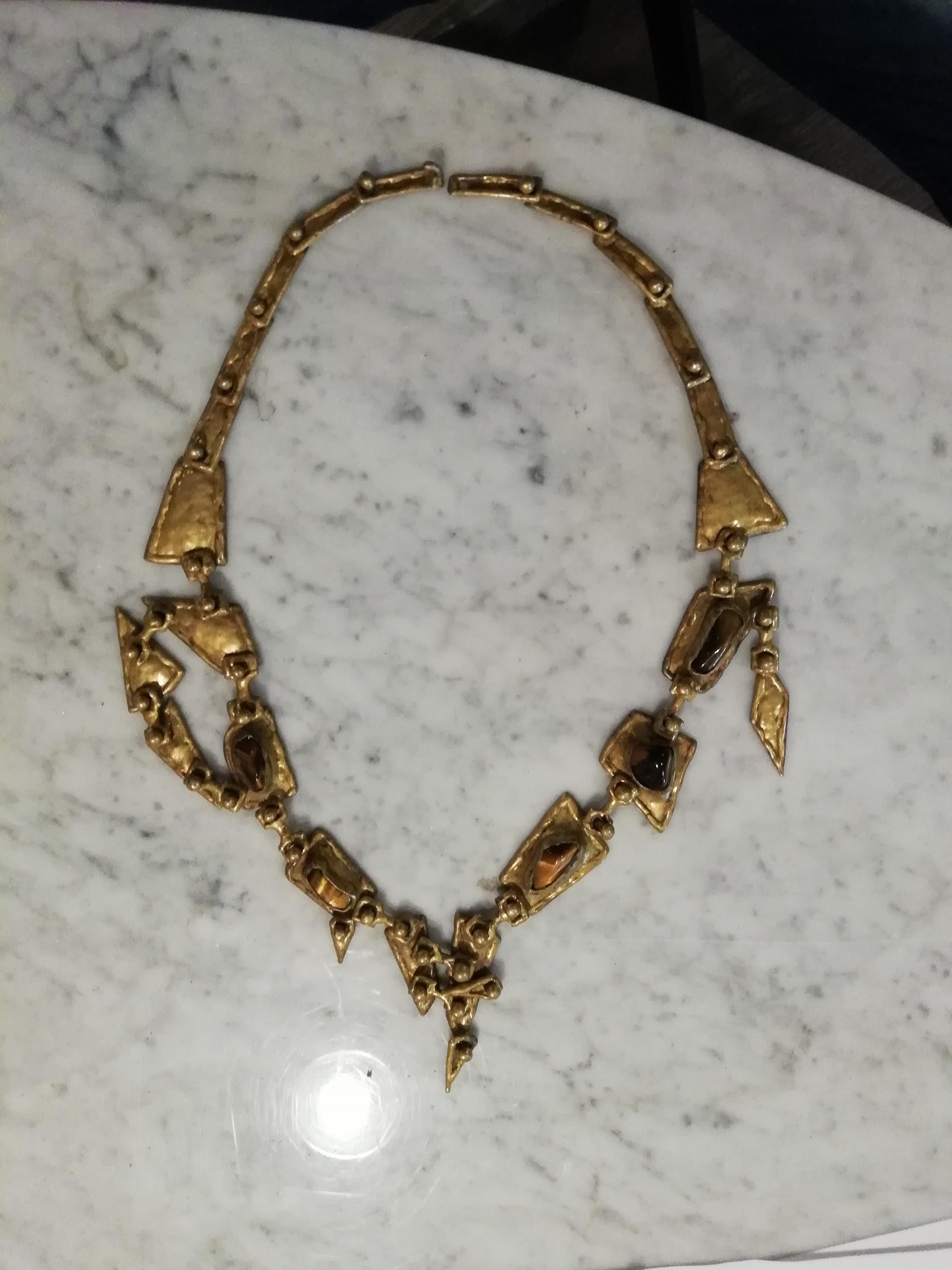 Pal Kepenyes Brutalist Bronze Necklace with Tiger's Eye 1