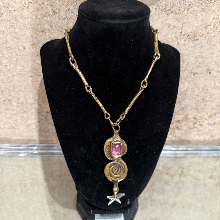 Collier Ras De Cou Vintage En Laiton Et Agate - Style Brutalisme, Créateur Pal Kepenyes