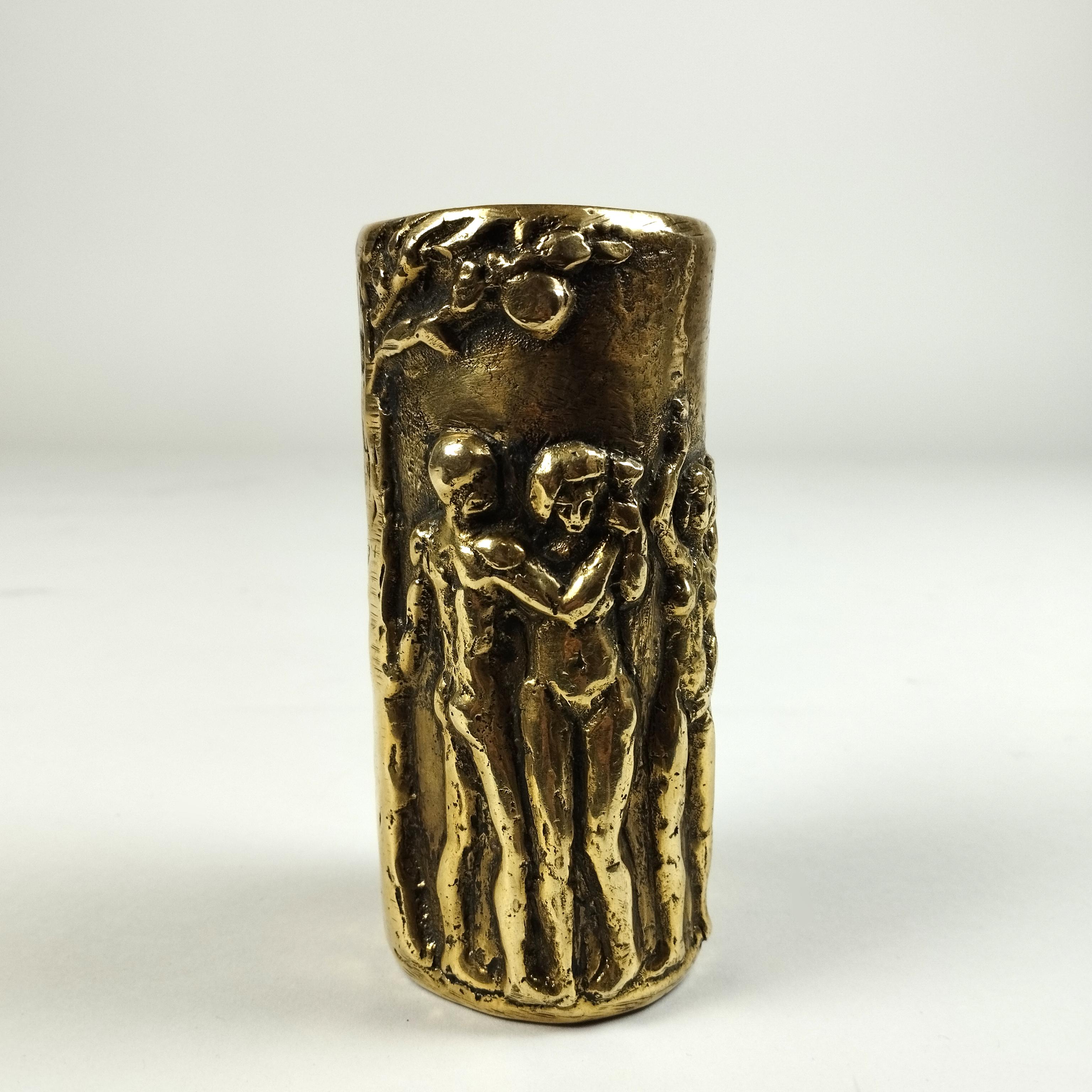 A heavy Brutalist cast bronze flower vase by Hungarian-born Mexican sculptor Pal Kepenyes. The vase shows a representation of the original sin by Adam and Eve at the Garden of Evil. The piece is signed under the Tree of Knowledge of Good and Evil's