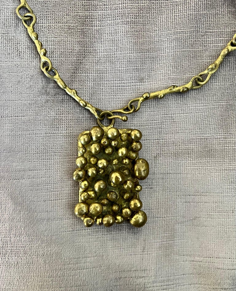 Collier Ras De Cou Torque Brutaliste Vintage En Laiton Et Agate - Créateur Pal Kepenyes - Occasion