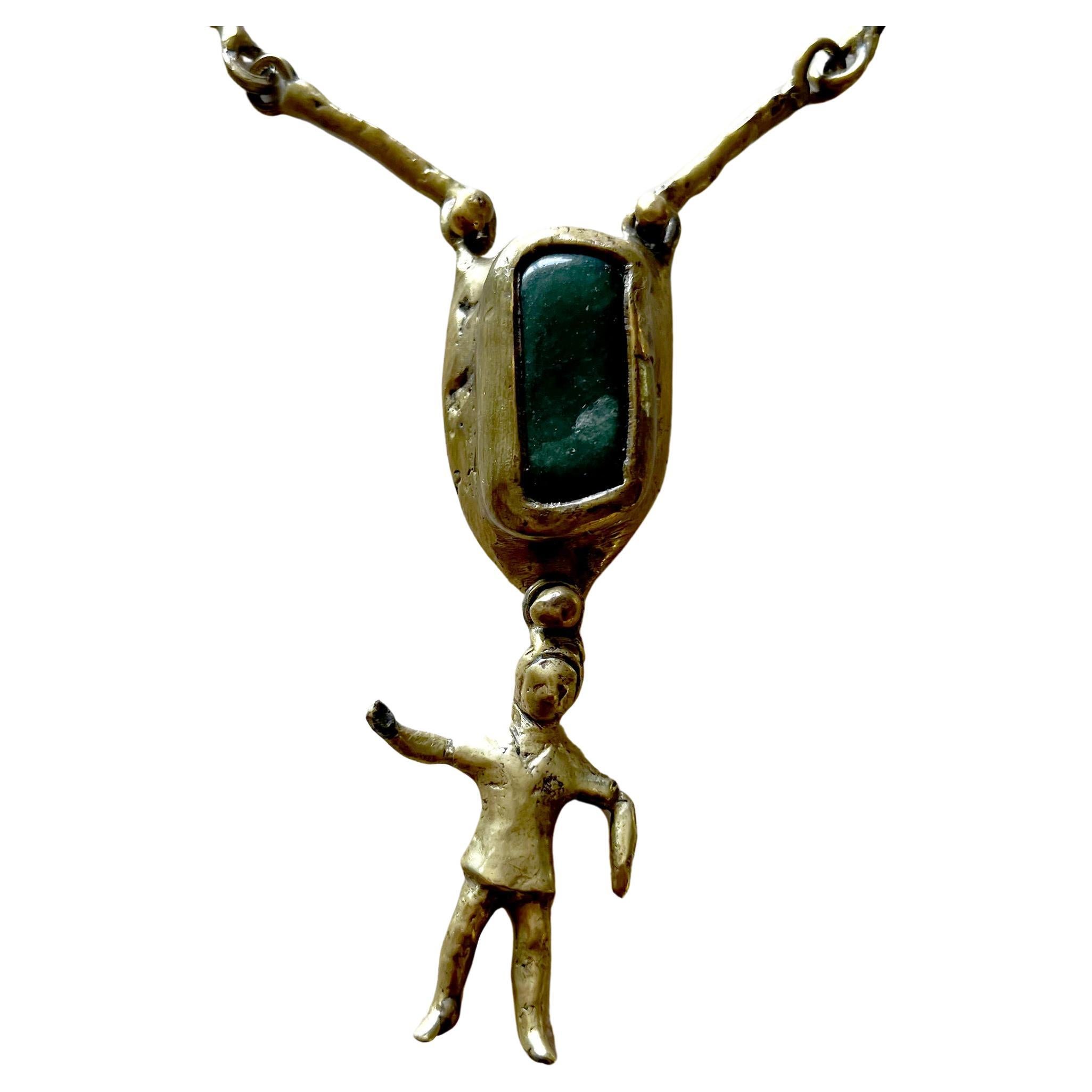 Pal Kepenyes Mexican Brutalist Bronze Green Chrysocolla Kinetic Woman Necklace In Good Condition In Palm Springs, CA
