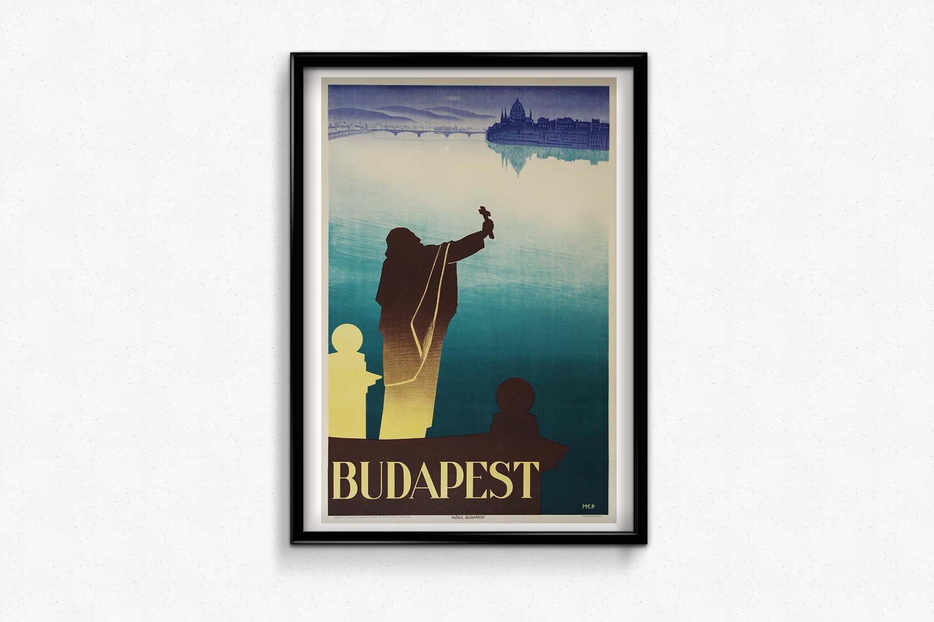 Pal Molnar C.'s circa 1930 original travel poster, depicting Budapest and the majestic Danube River, stands as a captivating testament to the allure of the Hungarian capital. Known for his distinctive style influenced by French Art Deco and modern