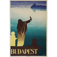 Affiche de voyage originale de 1930 Budapest, rivière Danube - Parliament Building