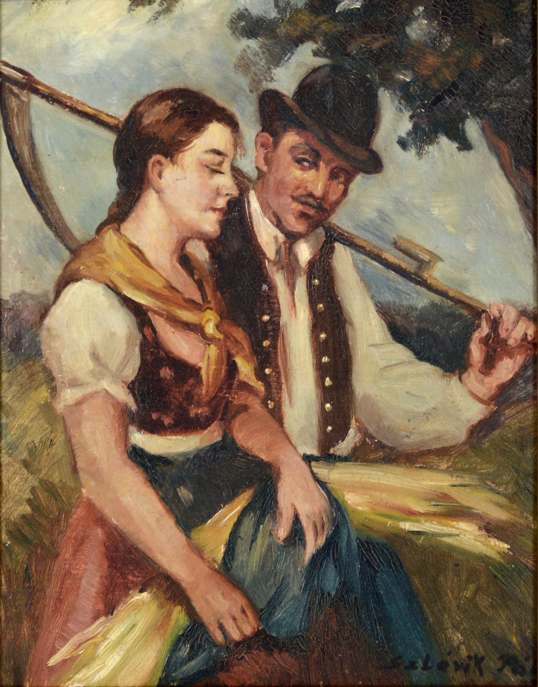 Hungarian Harvest Courtship 1920s - Painting by Pal Szlavik