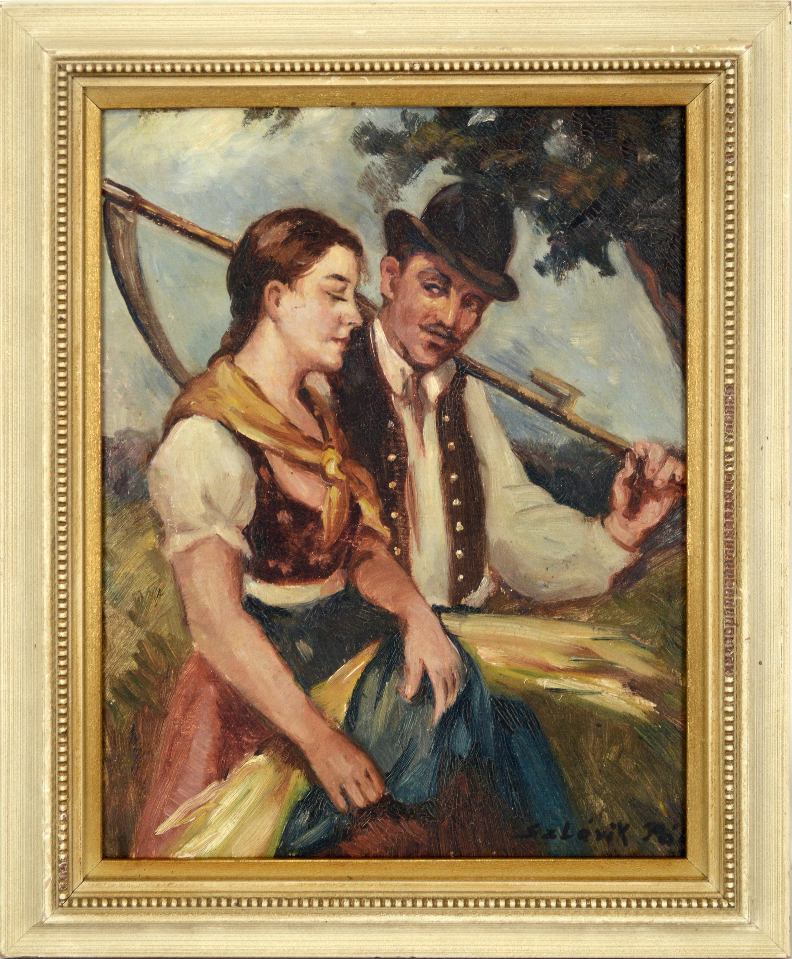 Pal Szlavik Landscape Painting - Hungarian Harvest Courtship 1920s
