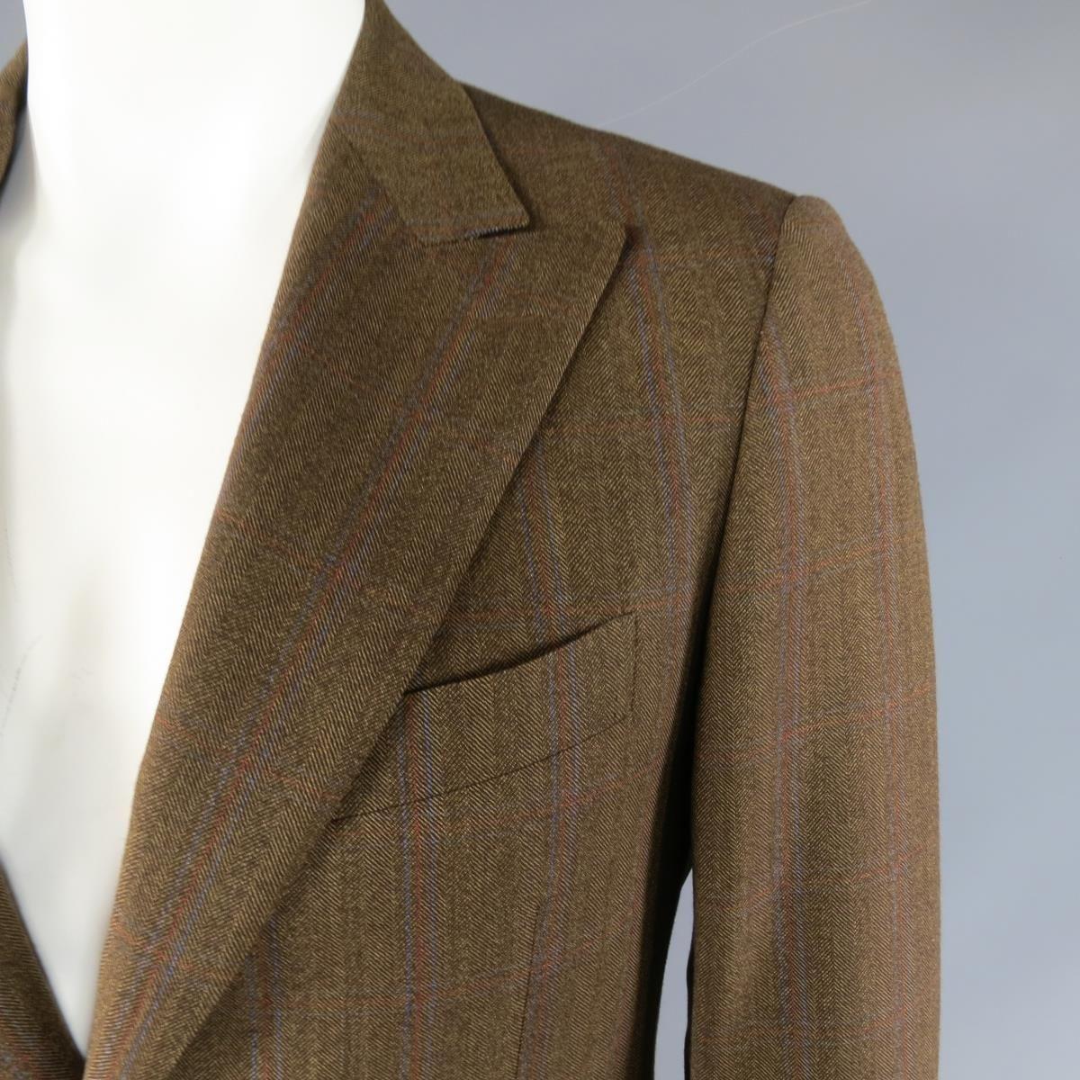PAL ZILERI 40 Light Brown Blue & Red Windowpane Wool Peak Lapel Sport Coat In Excellent Condition For Sale In San Francisco, CA