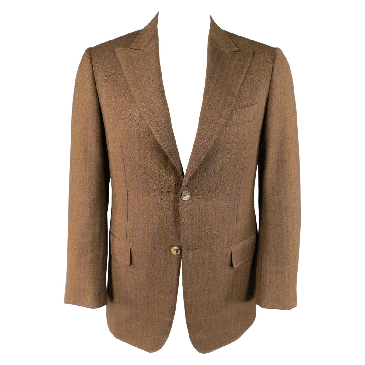 PAL ZILERI 40 Hellbrauner, blauer und roter Wollmantel mit Spitzrevers