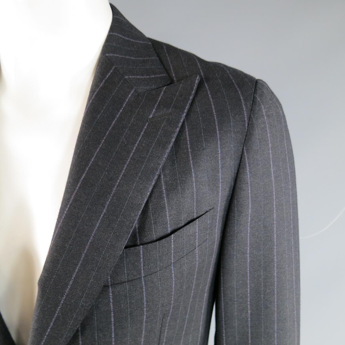 PAL ZILERI 40 Regular Charcoal & Lavender Striped Wool/Cashmere Peak Lapel Suit In Excellent Condition For Sale In San Francisco, CA