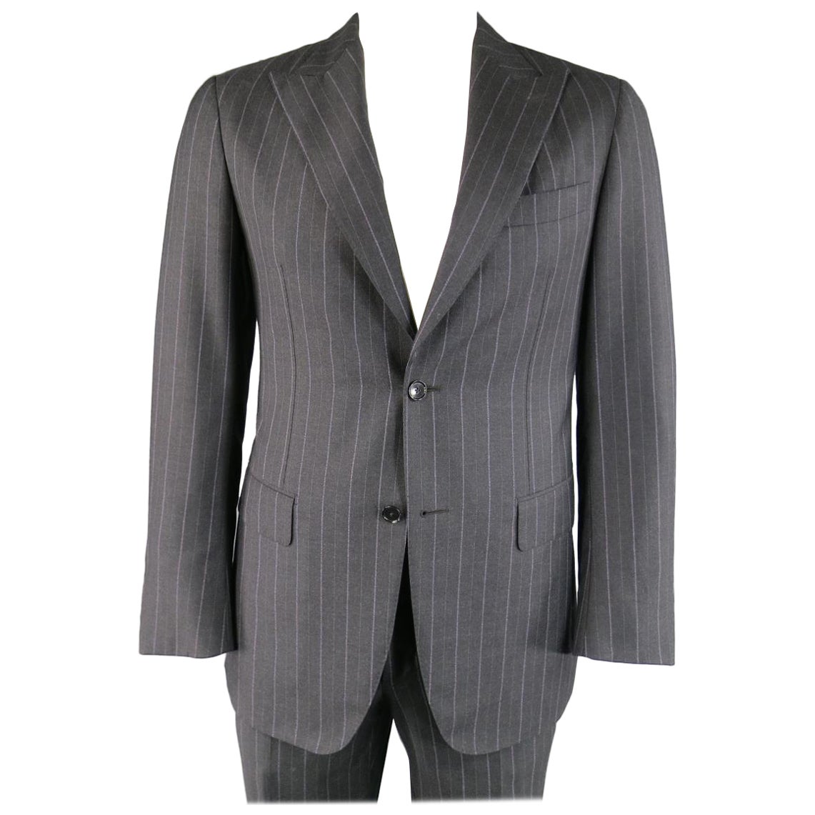 PAL ZILERI 40 tailleur à revers en laine/cashmere rayé anthracite et lavande en vente