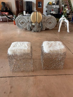 Pal Zileri pair of chromed iron twigs ottomans - one off - Italy - 2005