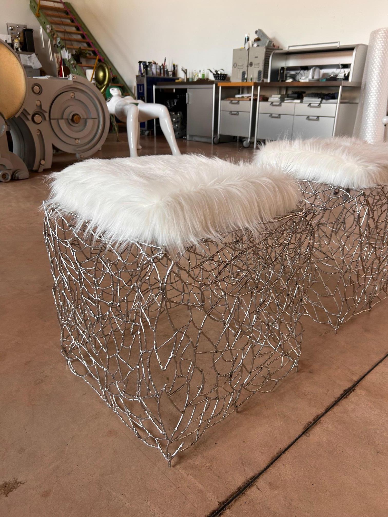 Moderno Pal Zileri pair of chromed iron twigs ottomans - one off - Italy - 2005 in vendita
