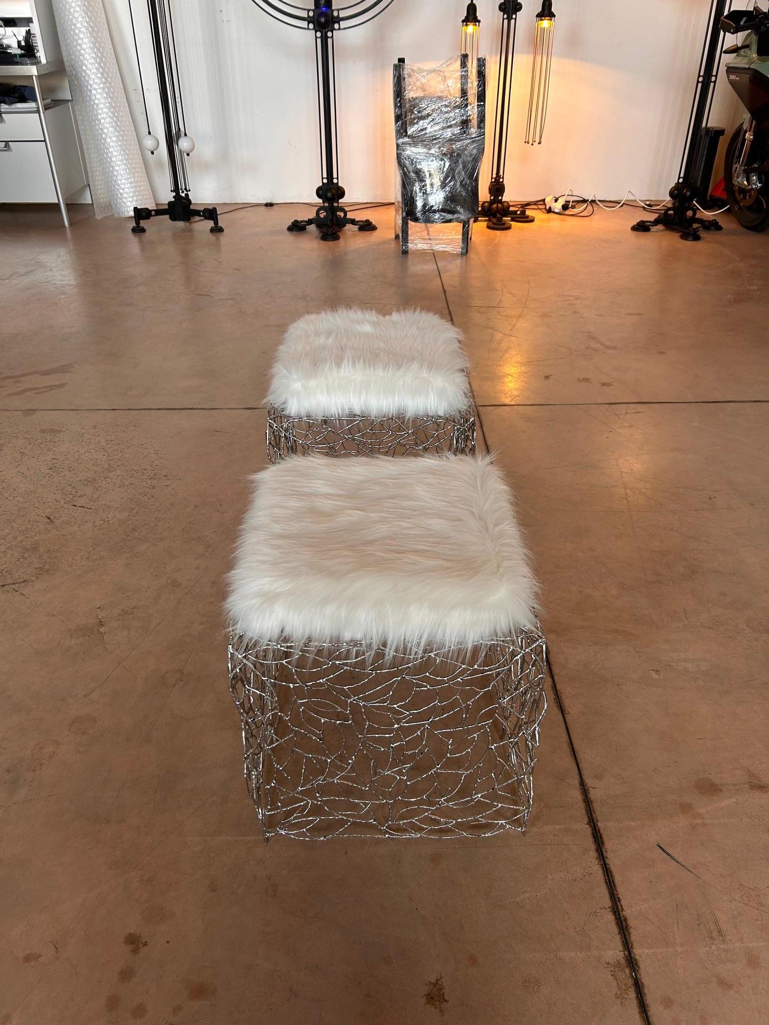 Italian Pal Zileri pair of chromed iron twigs ottomans - one off - Italy - 2005 in vendita