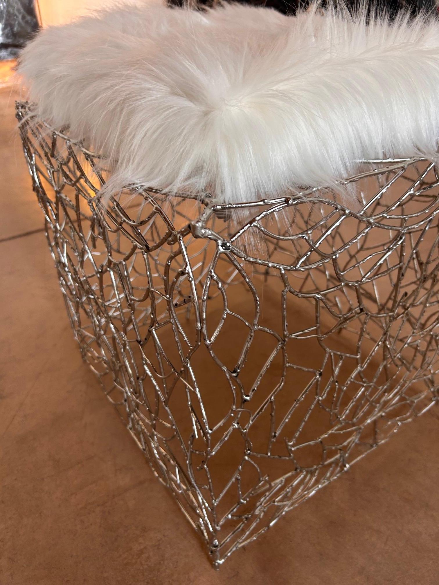 Pelliccia sintetica Pal Zileri pair of chromed iron twigs ottomans - one off - Italy - 2005 in vendita