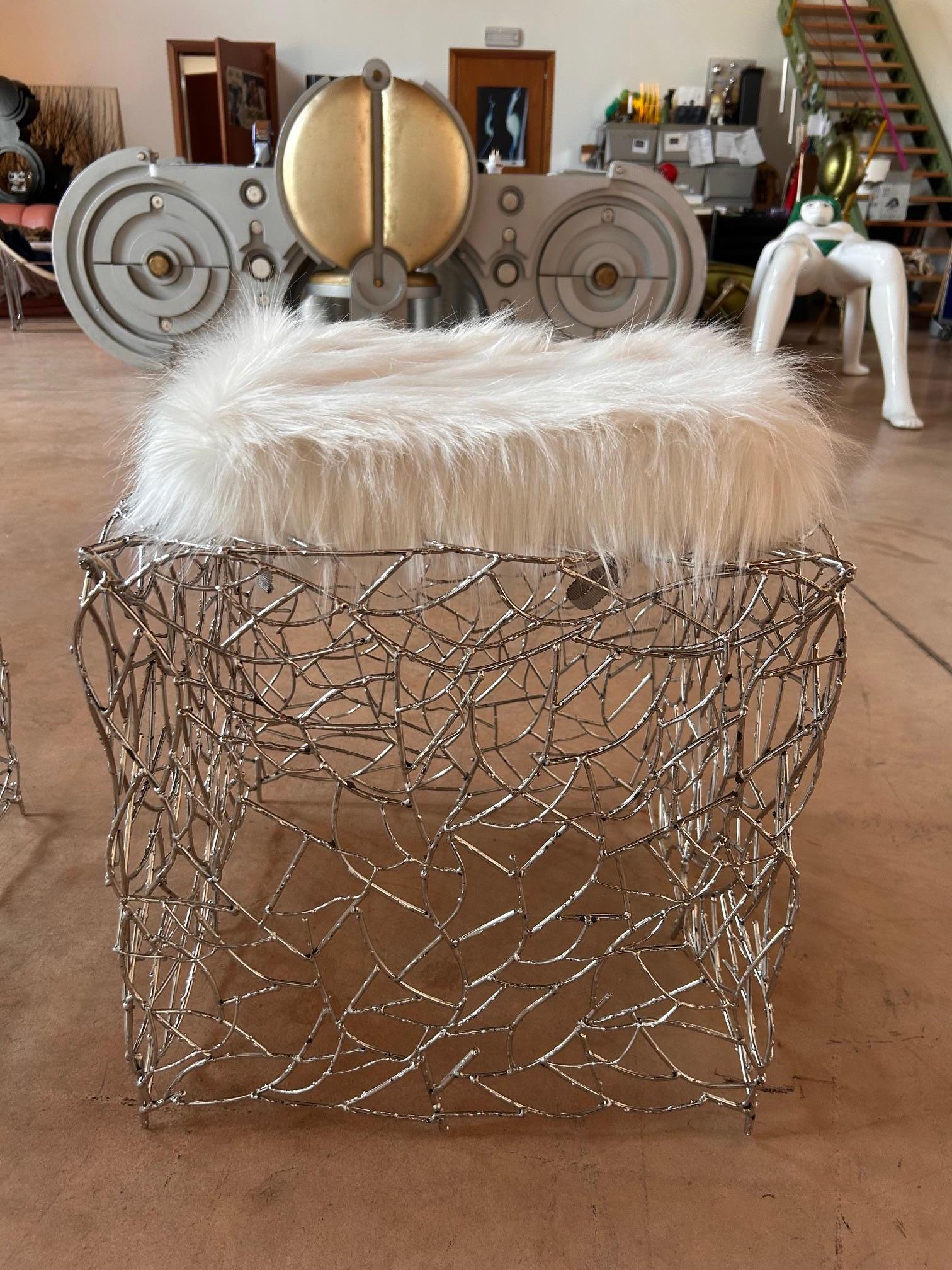Pal Zileri pair of chromed iron twigs ottomans - one off - Italy - 2005 in vendita 1