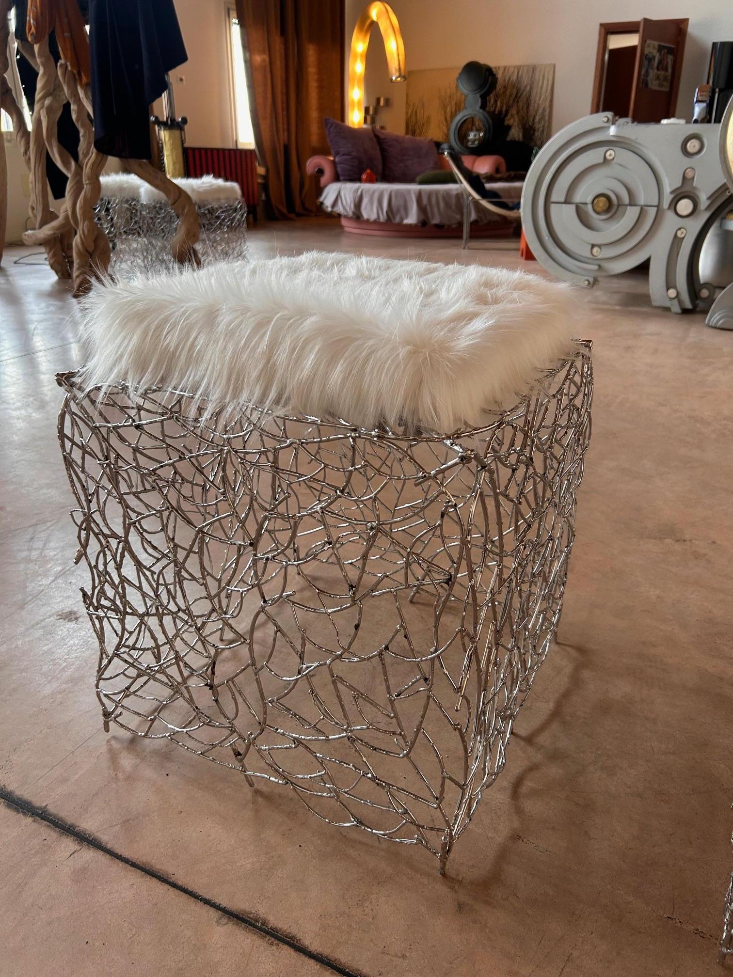 Pal Zileri pair of chromed iron twigs ottomans - one off - Italy - 2005 in vendita 2