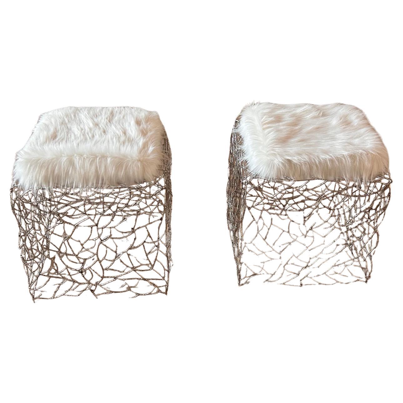 Pal Zileri pair of chromed iron twigs ottomans - one off - Italy - 2005