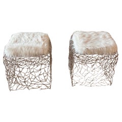 Pal Zileri pair of chromed iron twigs ottomans - one off - Italy - 2005
