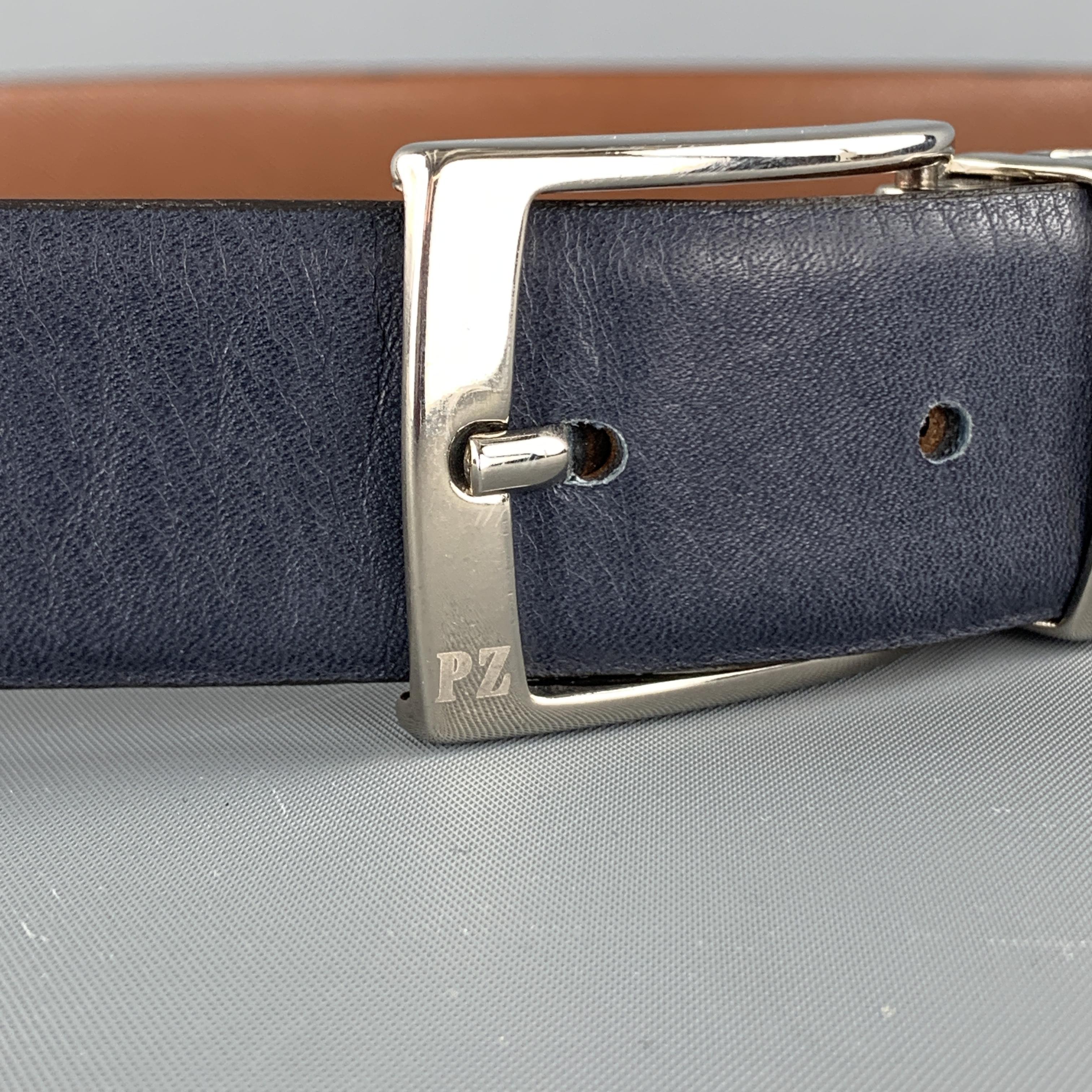 PAL ZILERI Size 34 Navy & Tan Reversibe Leather Belt In Excellent Condition In San Francisco, CA