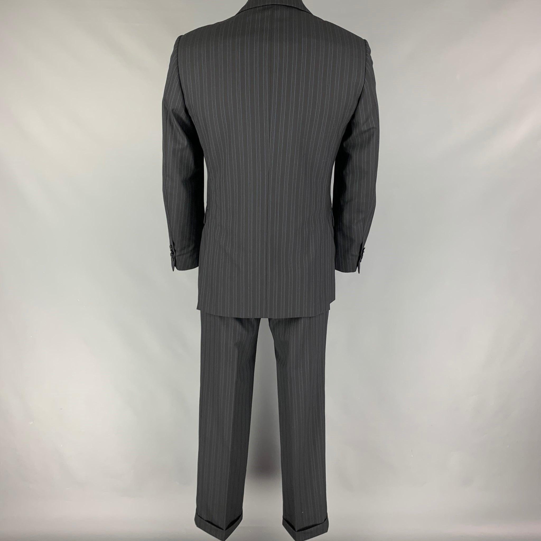 PAL ZILERI Size 40 Black Blue Stripe Wool Double Breasted Suit In Good Condition For Sale In San Francisco, CA