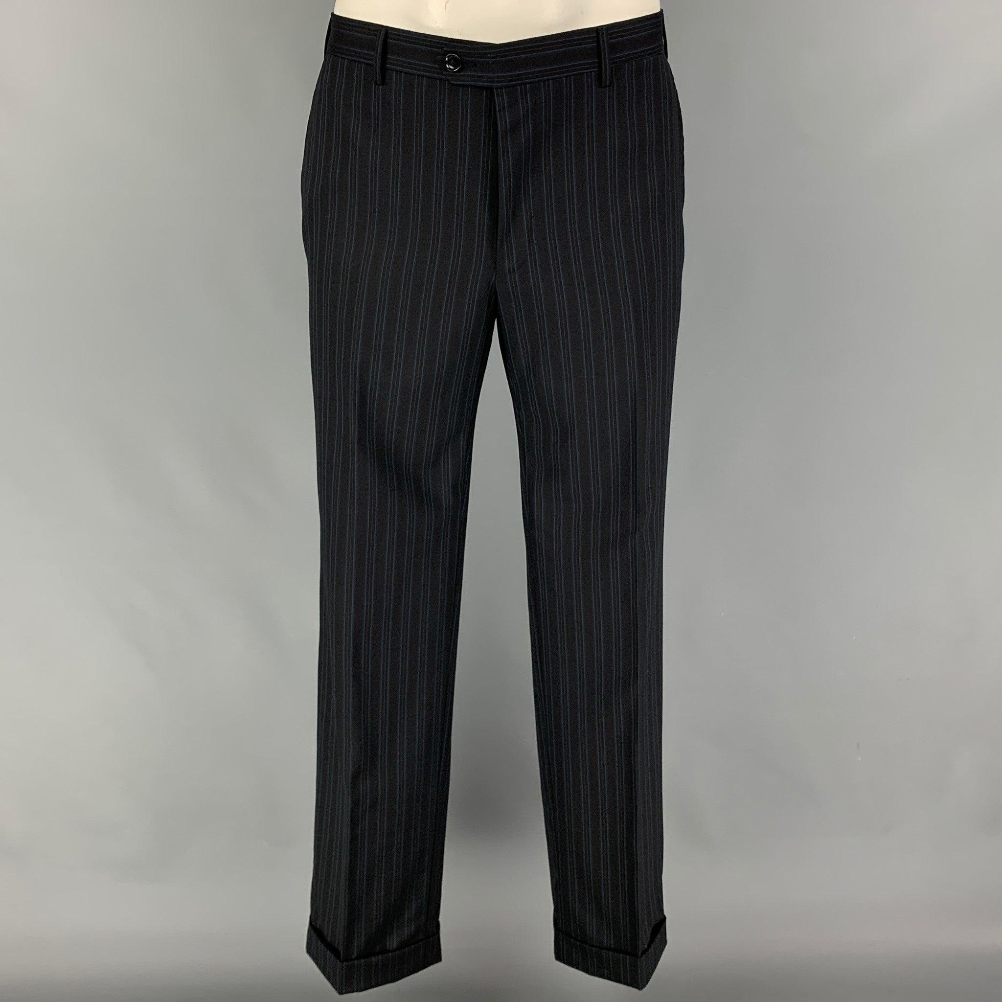 PAL ZILERI Size 40 Black Blue Stripe Wool Double Breasted Suit For Sale 1