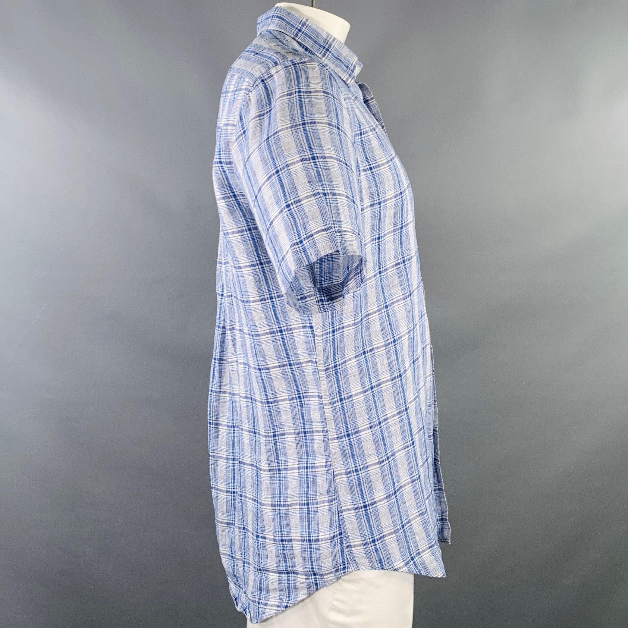 PAL ZILERI short sleeve shirt
in a
blue and white linen woven fabric featuring a plaid pattern, curved cutaway collar, and button closure. Excellent Pre-Owned Condition. 

Marked:   41/16 

Measurements: 
 
Shoulder: 17 inches Chest: 46 inches
