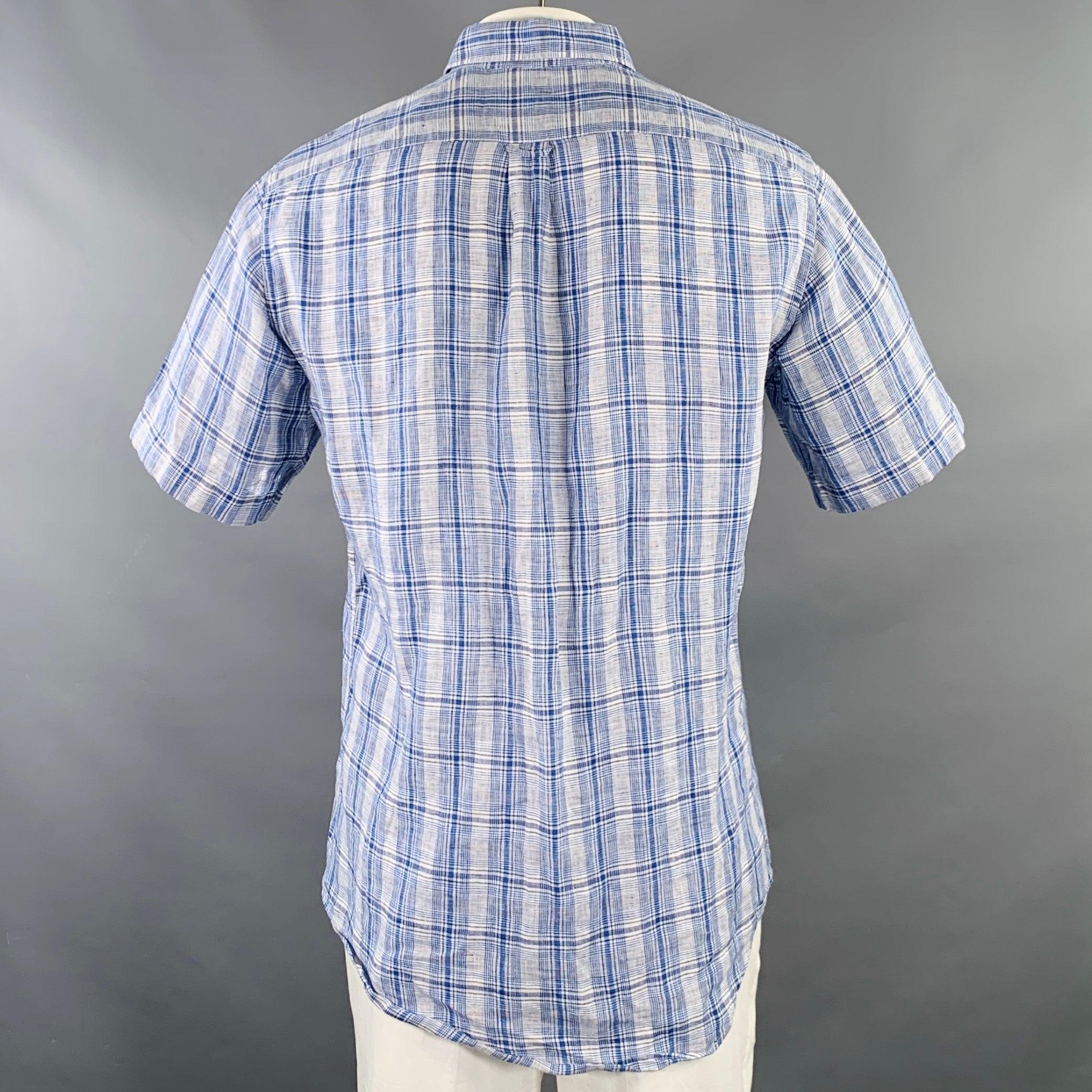 Purple PAL ZILERI Size L Blue White Plaid Linen Short Sleeve Shirt For Sale