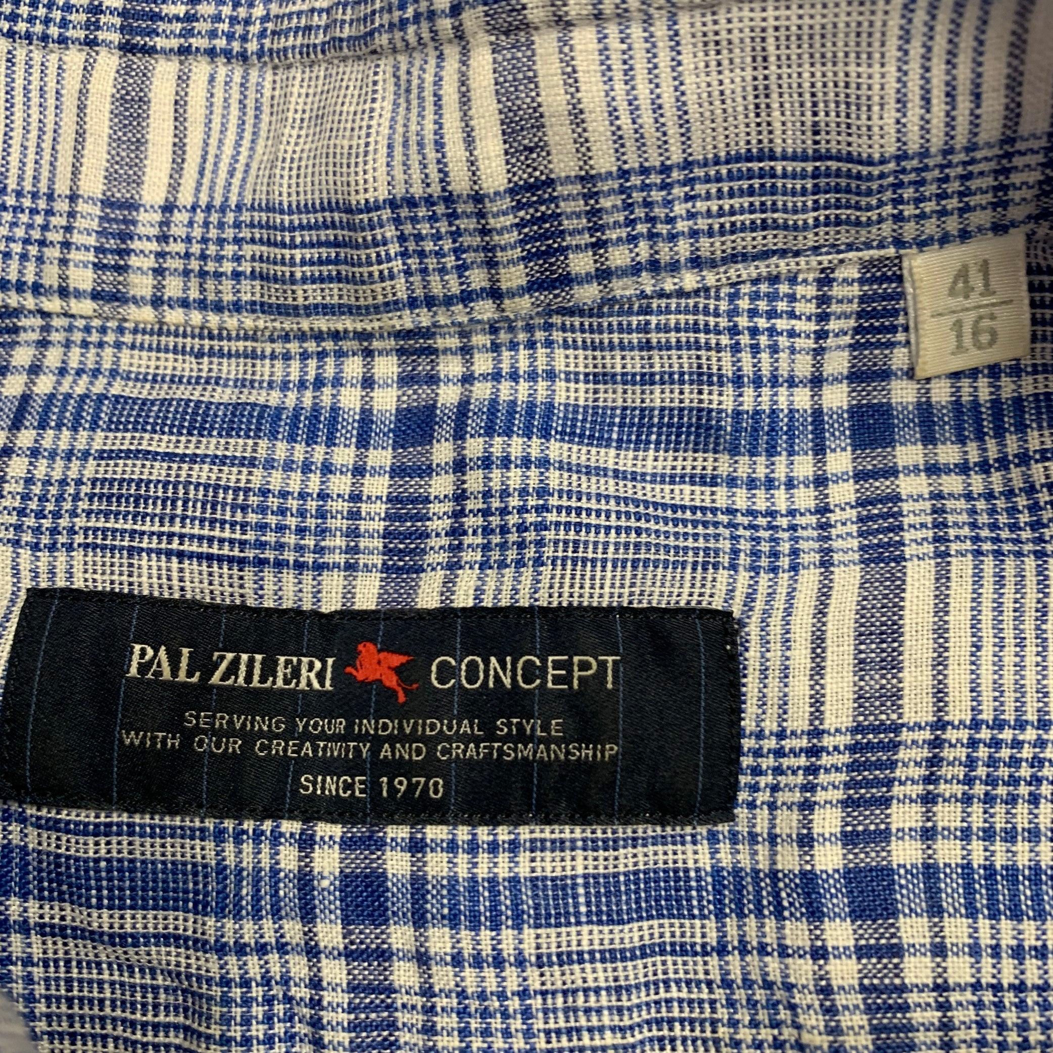 PAL ZILERI Size L Blue White Plaid Linen Short Sleeve Shirt In Excellent Condition For Sale In San Francisco, CA