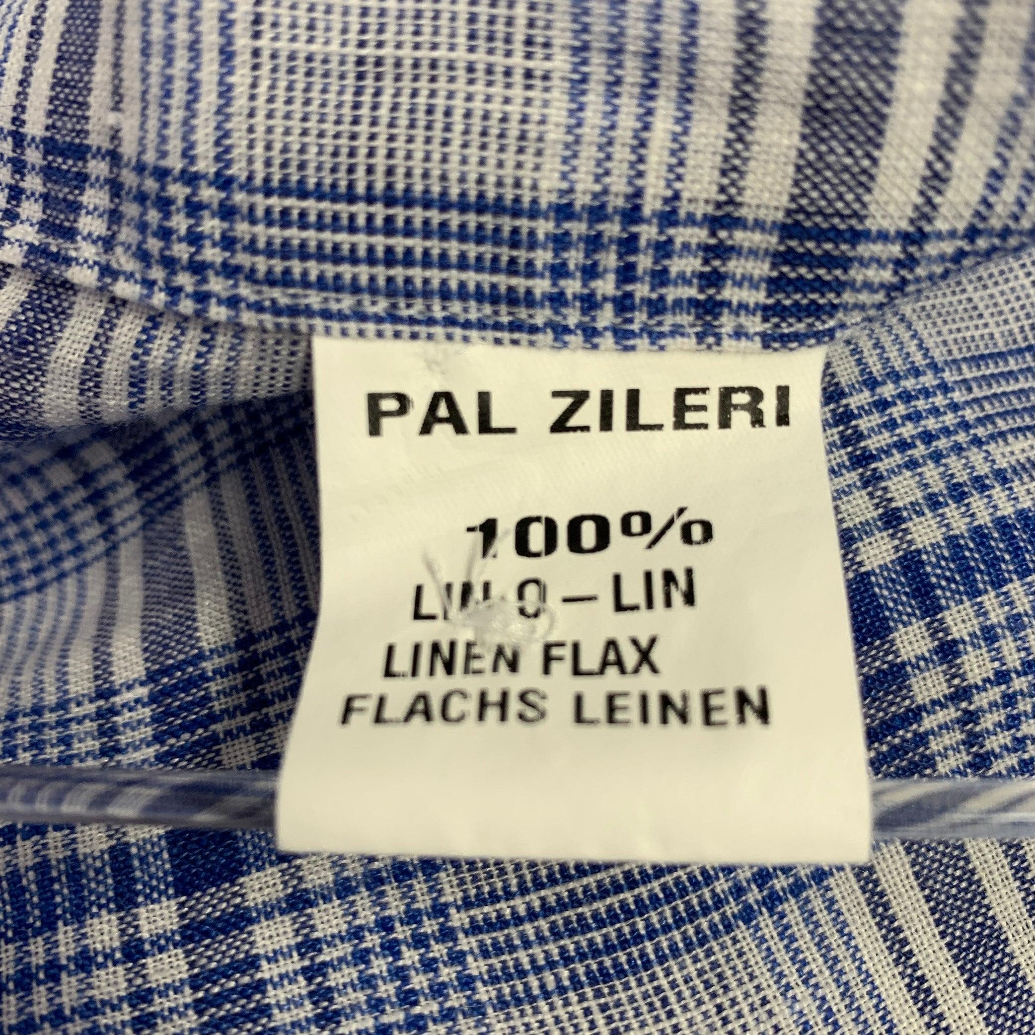 Men's PAL ZILERI Size L Blue White Plaid Linen Short Sleeve Shirt For Sale