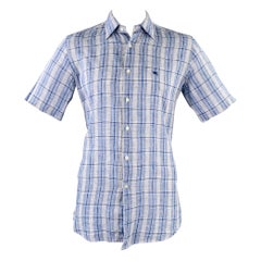 PAL ZILERI Size L Blue White Plaid Linen Short Sleeve Shirt