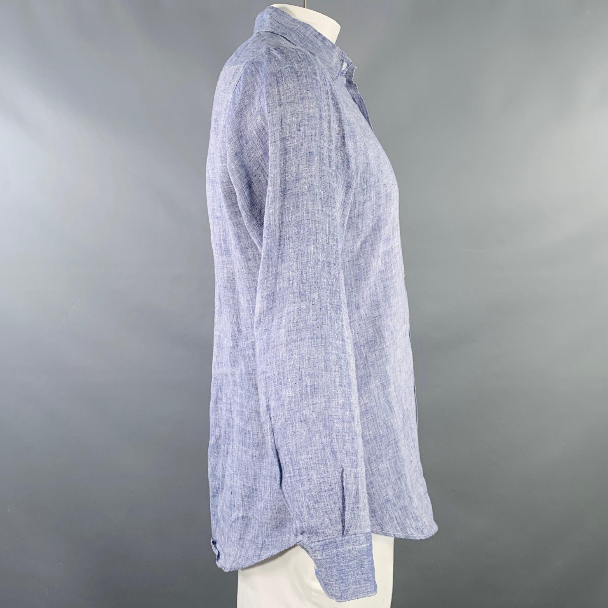 PAL ZILERI long sleeve shirt
in a
navy and white linen woven fabric featuring a curved cutaway collar and button closure. Made in Italy.Very Good Pre-Owned Condition. Minor mark. 

Marked:   41/16 

Measurements: 
 
Shoulder: 16.5 inches Chest: 45