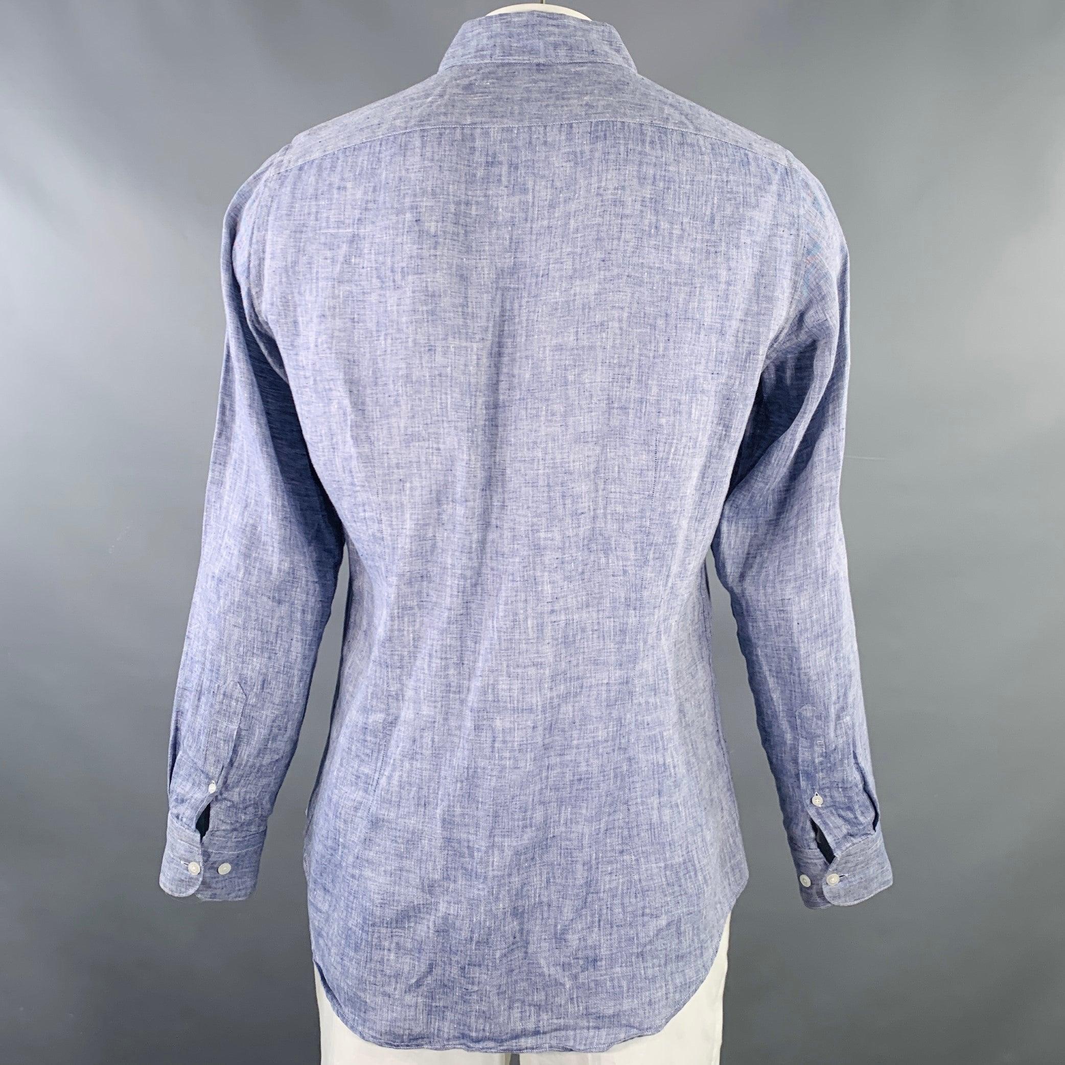 Purple PAL ZILERI Size L Navy White Linen Long Sleeve Shirt For Sale