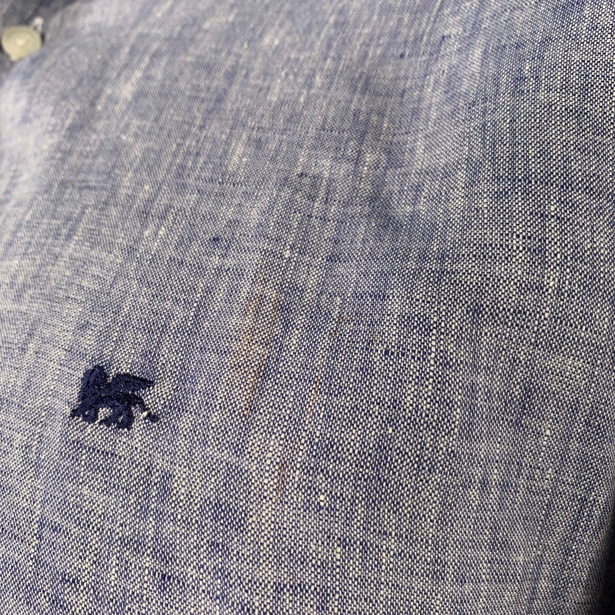 PAL ZILERI Size L Navy White Linen Long Sleeve Shirt In Good Condition For Sale In San Francisco, CA
