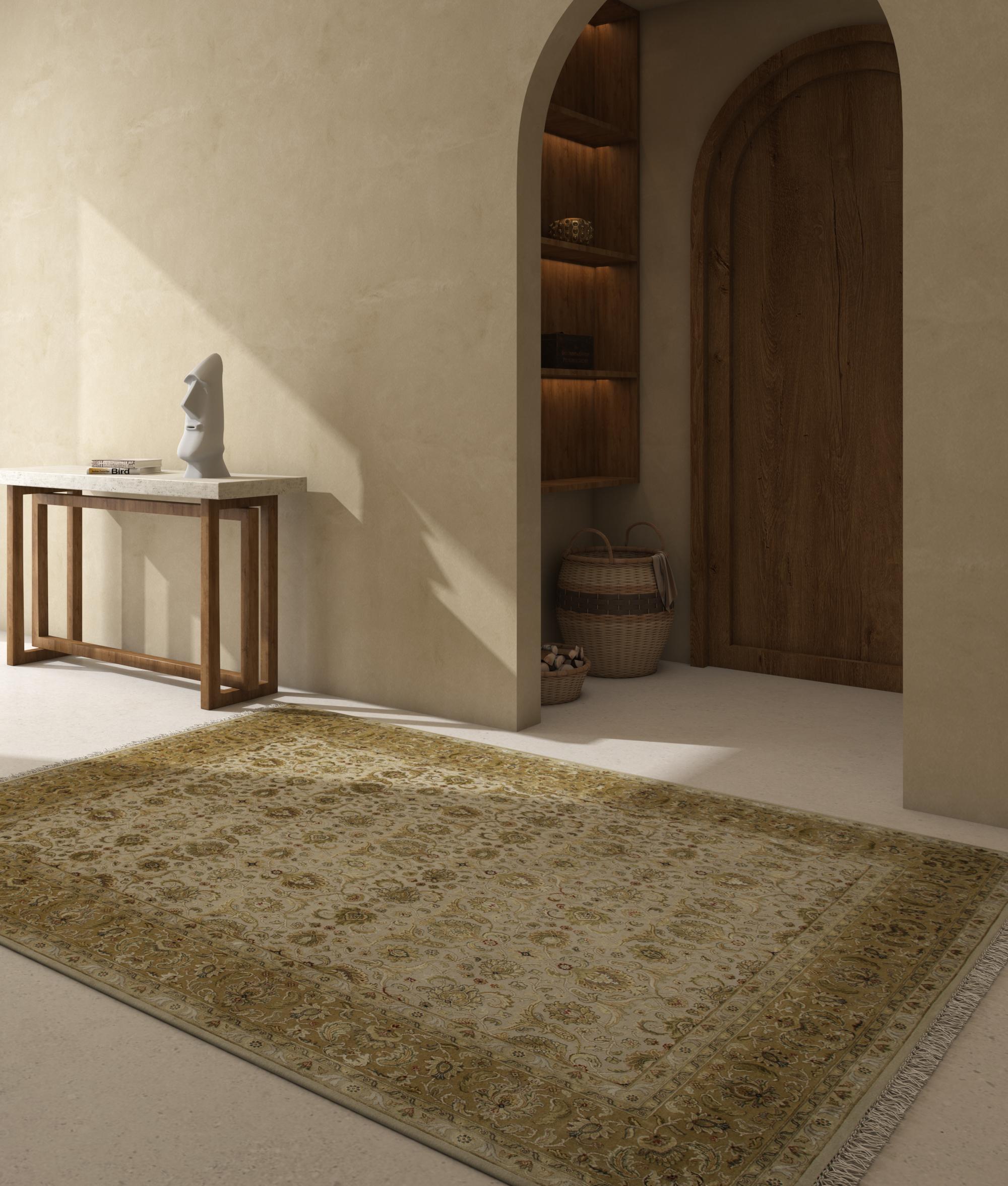 Versetzen Sie sich mit diesem exquisiten handgeknüpften Teppich, einem Meisterwerk, in die Vergangenheit. Inspiriert von den reichen Wandteppichen des orientalischen Designs, zeigt dieser Teppich komplizierte Blumenmotive und ein klassisches